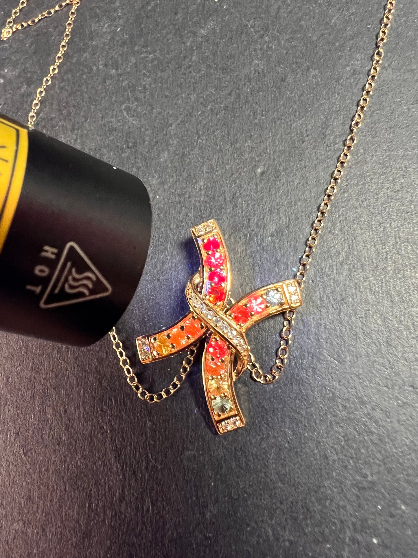 NEW Rainbow sapphire curved cross pendant and chain in gold vermeil over sterling silver
