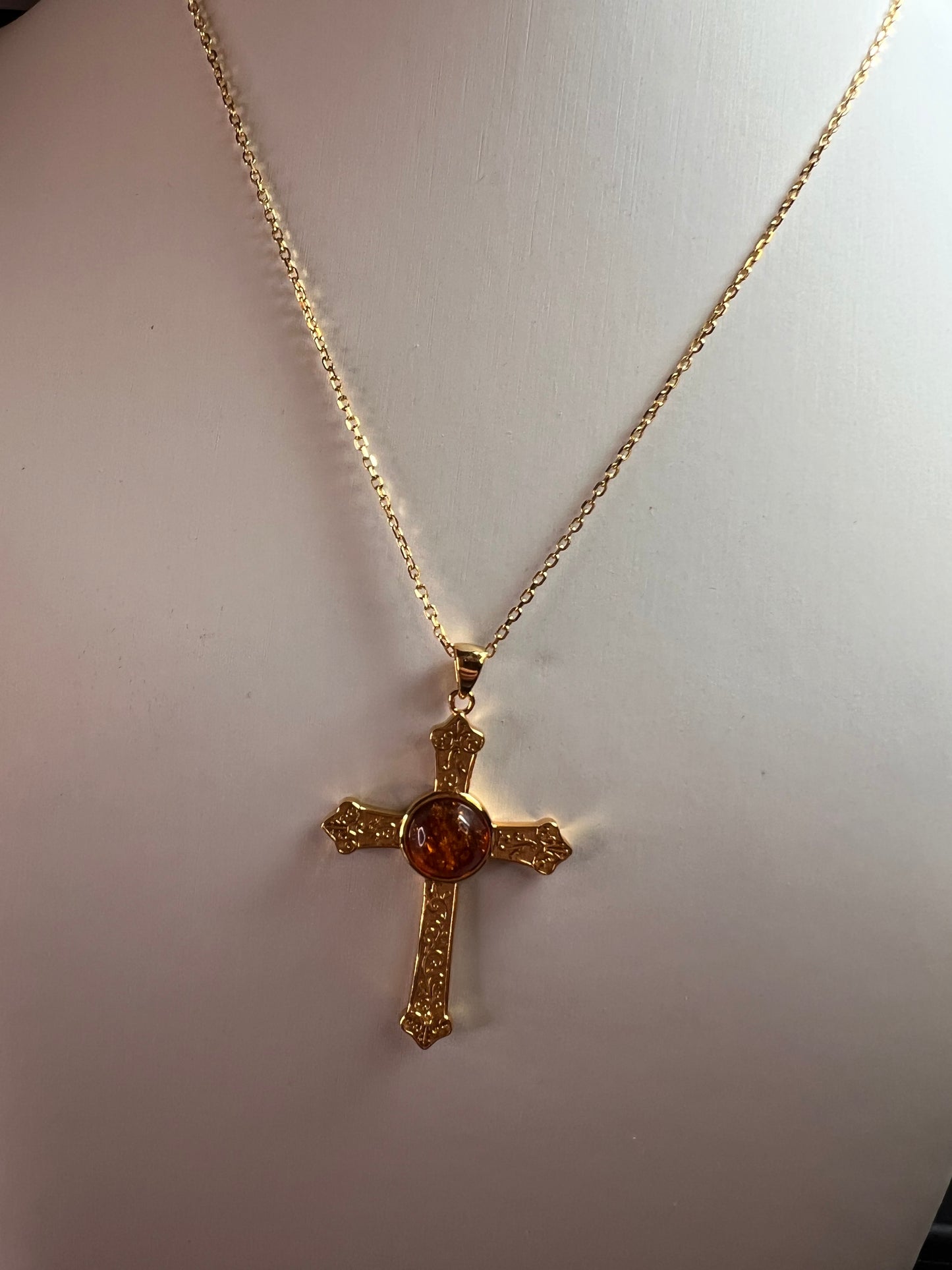 NEW Baltic Amber cross pendant in gold over sterling silver
