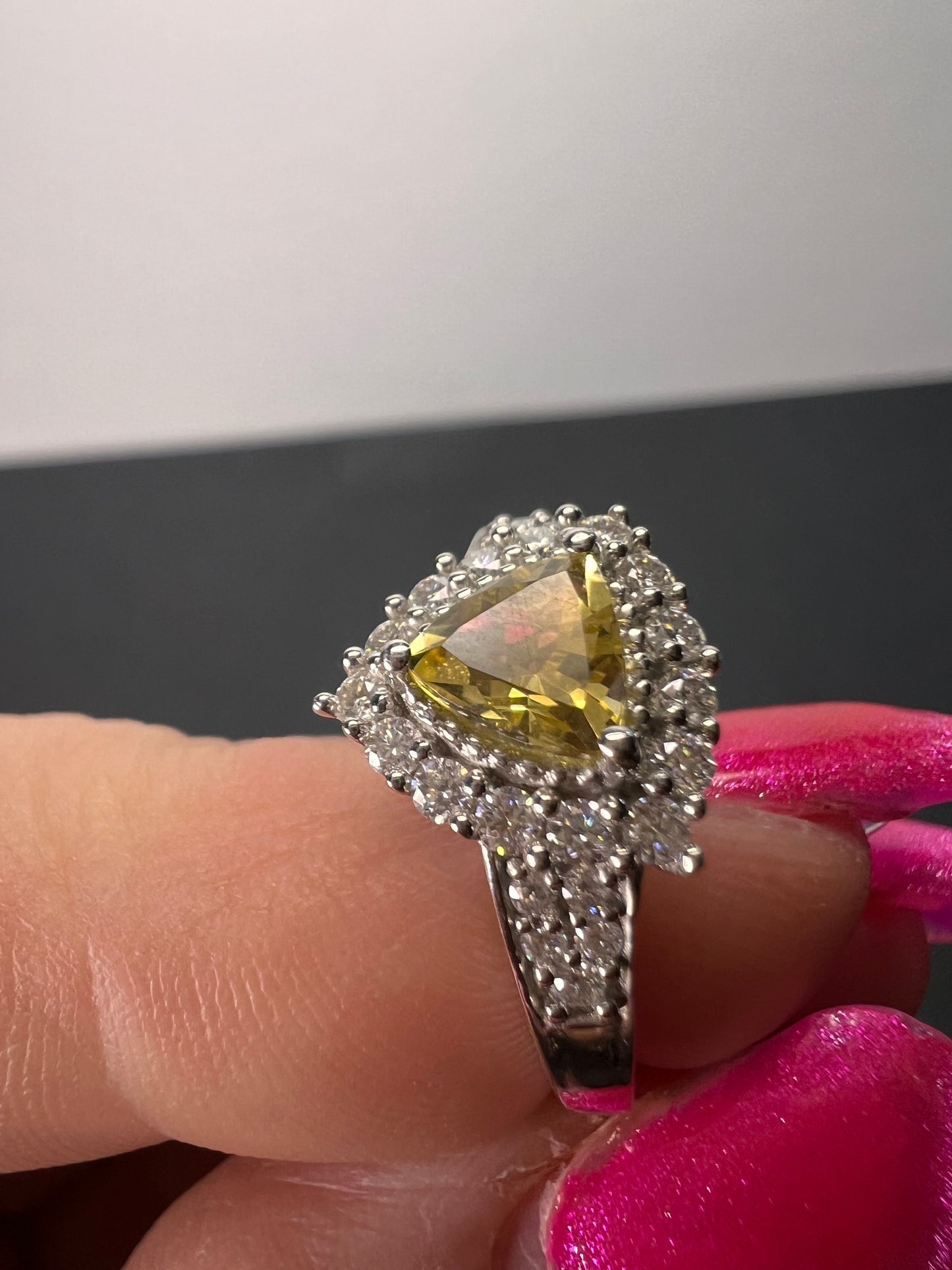 NEW yellow beryl and moissanite halo ring in platinum over sterling silver-size 7