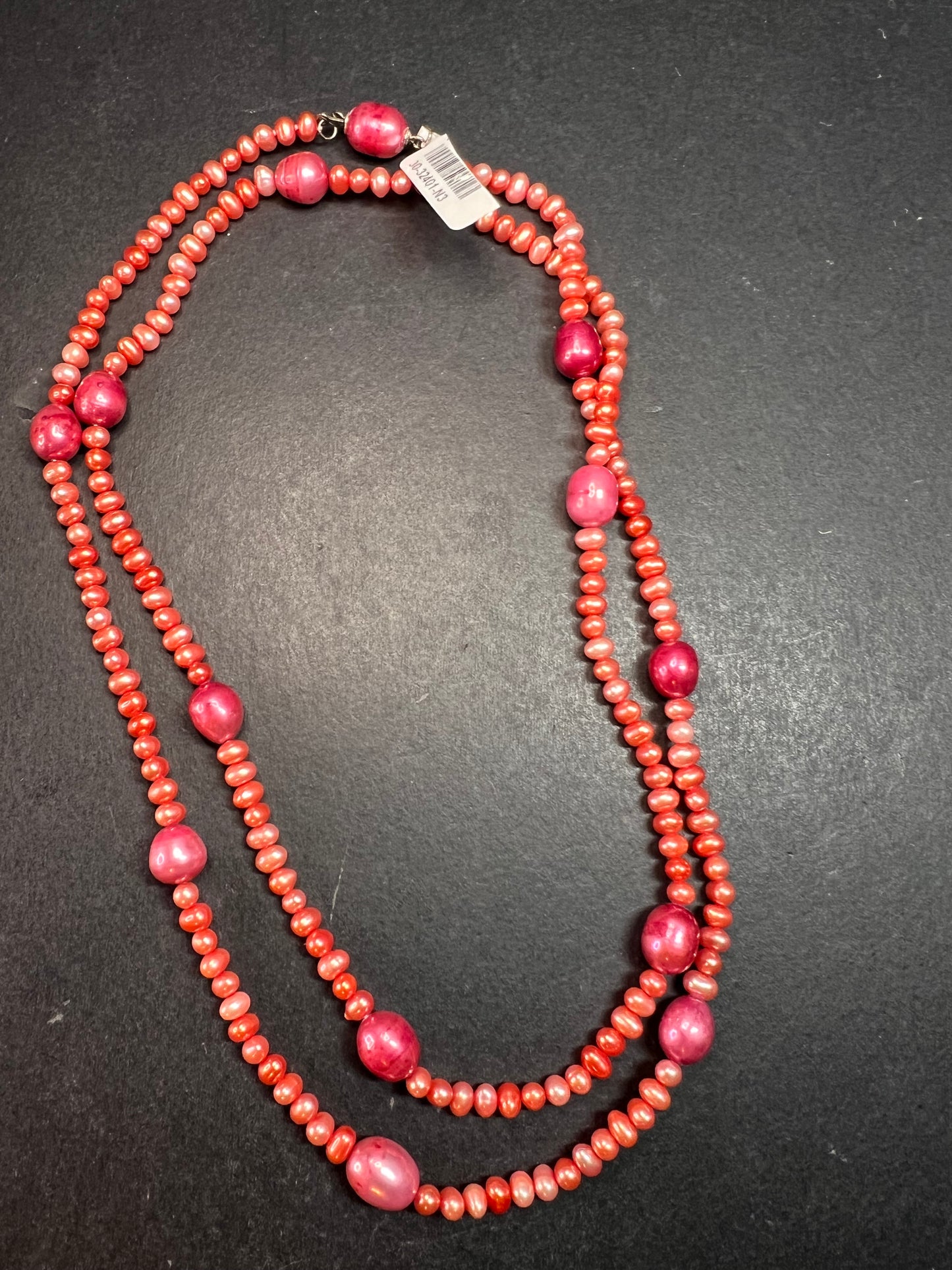 NEW coral and magenta colored freshwater pearl 36 inch station necklace with sterling silver clasp