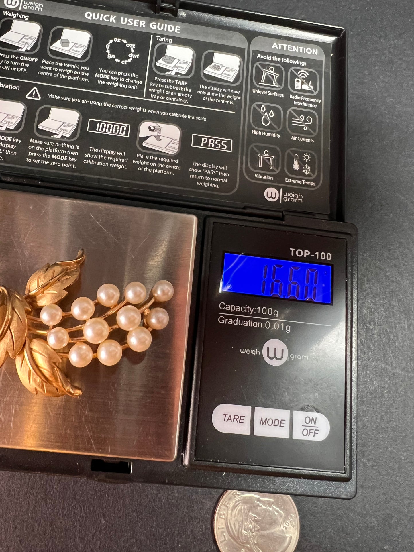 Vintage signed crown Trifari brushed goldtone pearl spray brooch