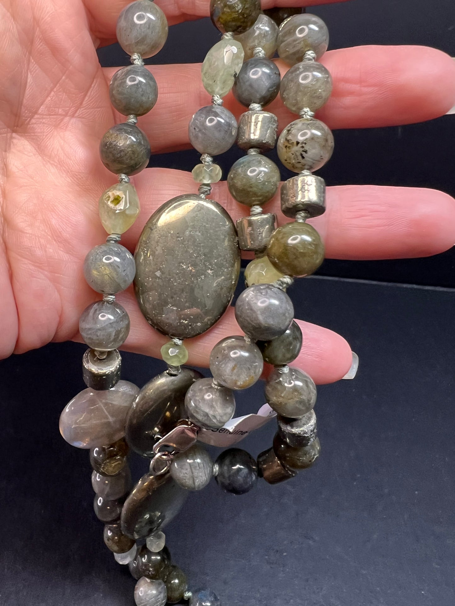 NEW pyrite and labradorite 32 inch necklace with sterling silver clasp