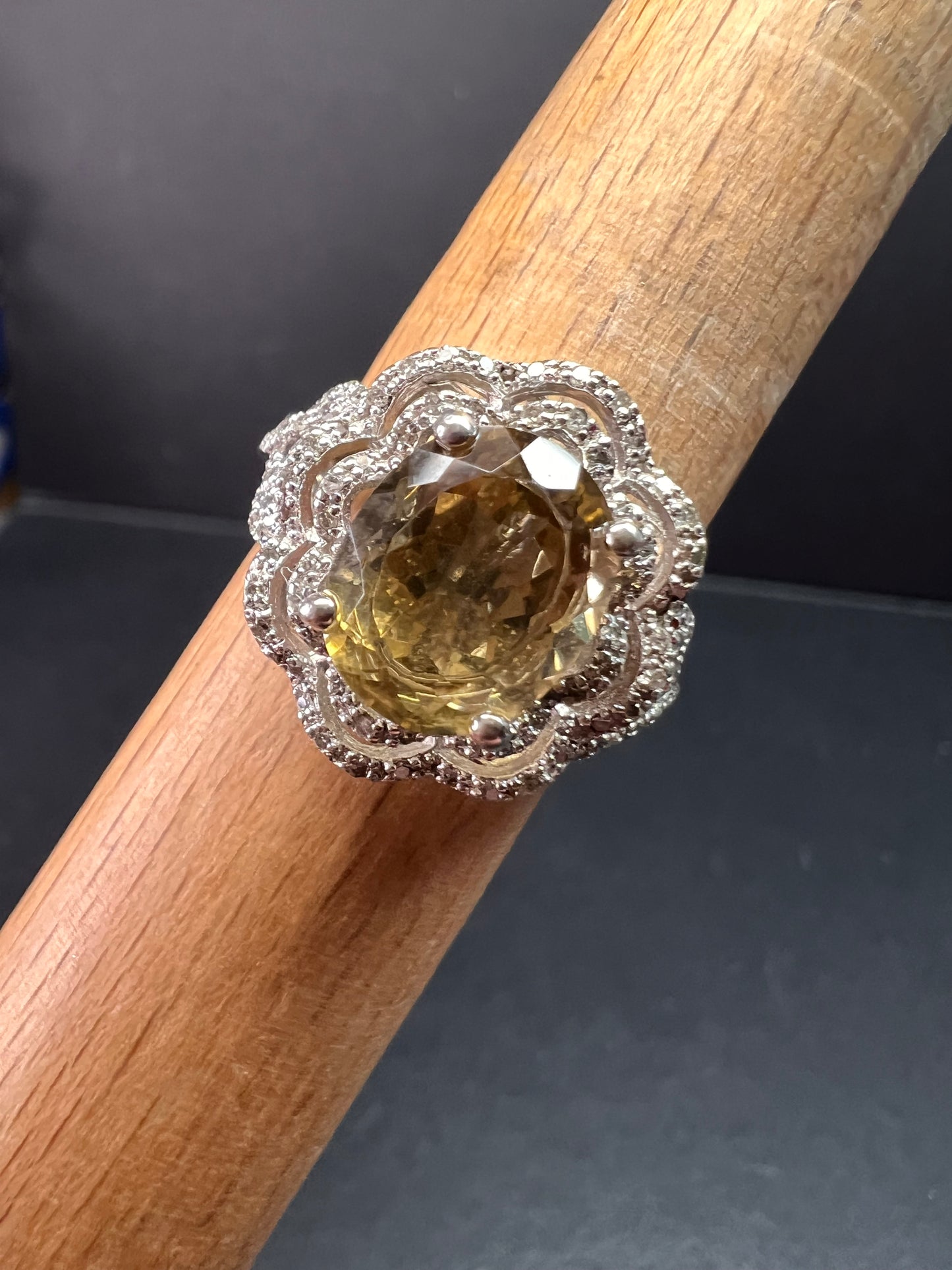 Citrine & Diamond Sterling Silver Scalloped Halo Ring Size 9