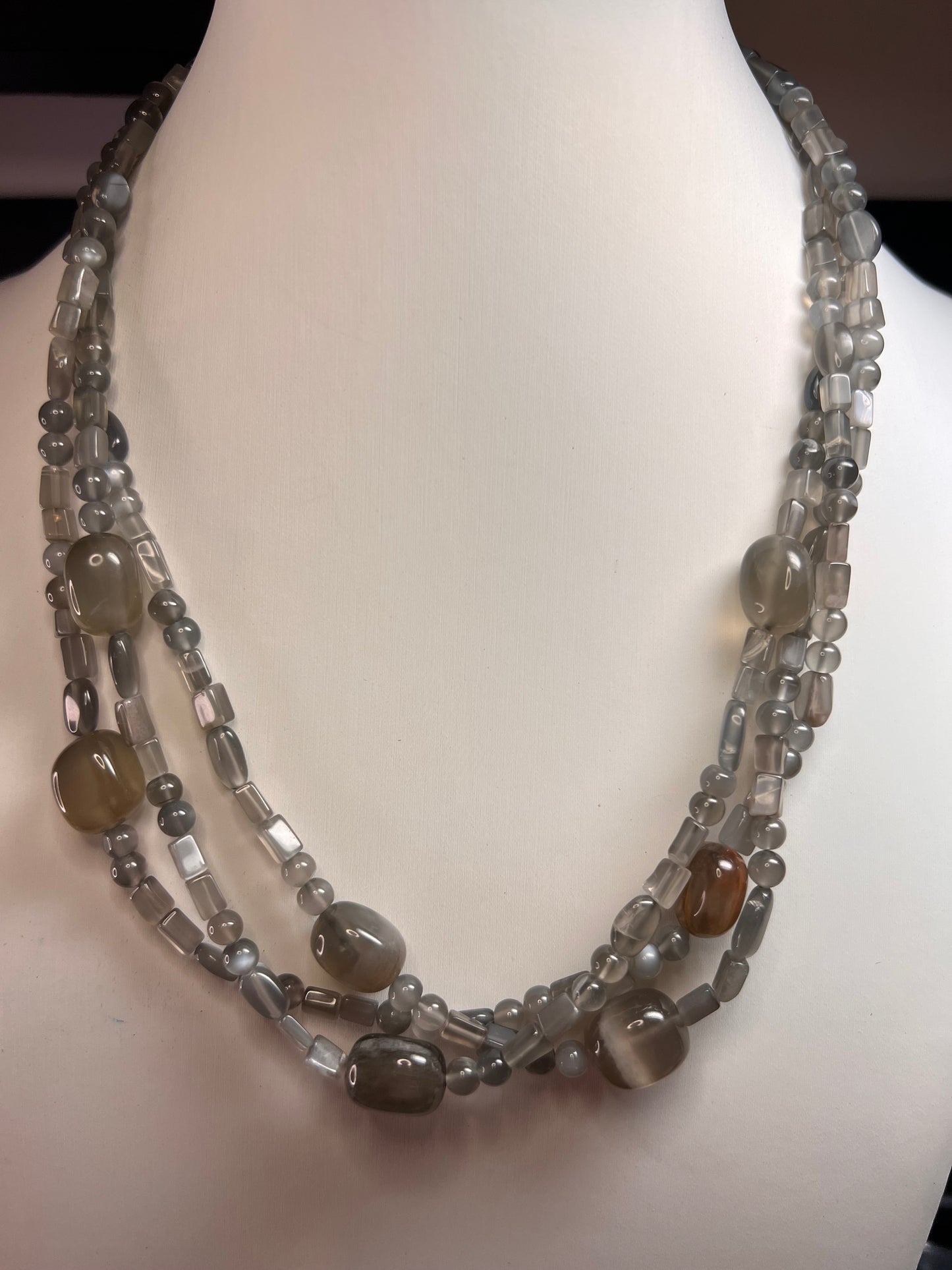 NEW Nate & Etan grey moonstone triple strand necklace with sterling silver clasp