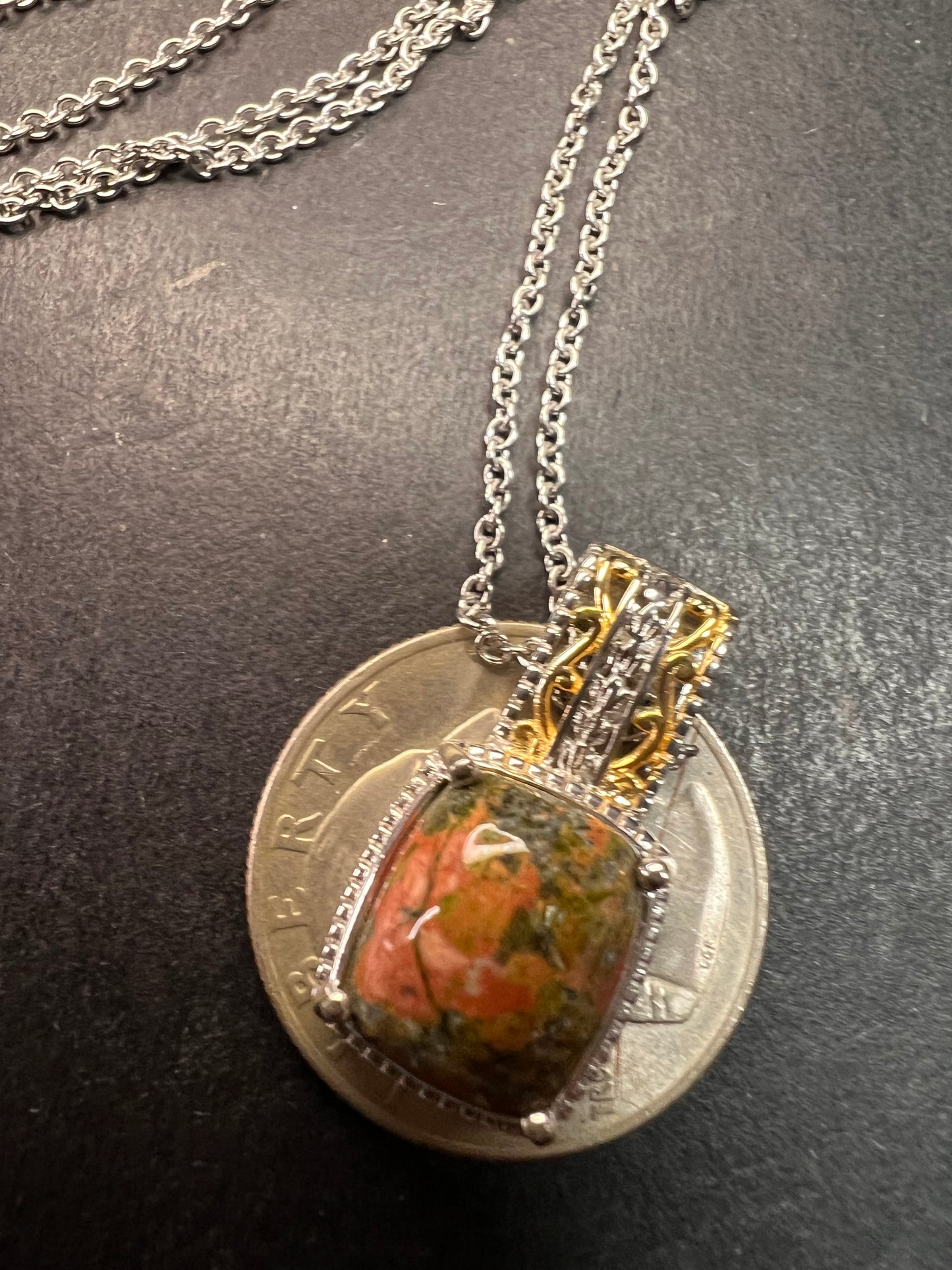 NEW Unakite pendant in gold and platinum over copper