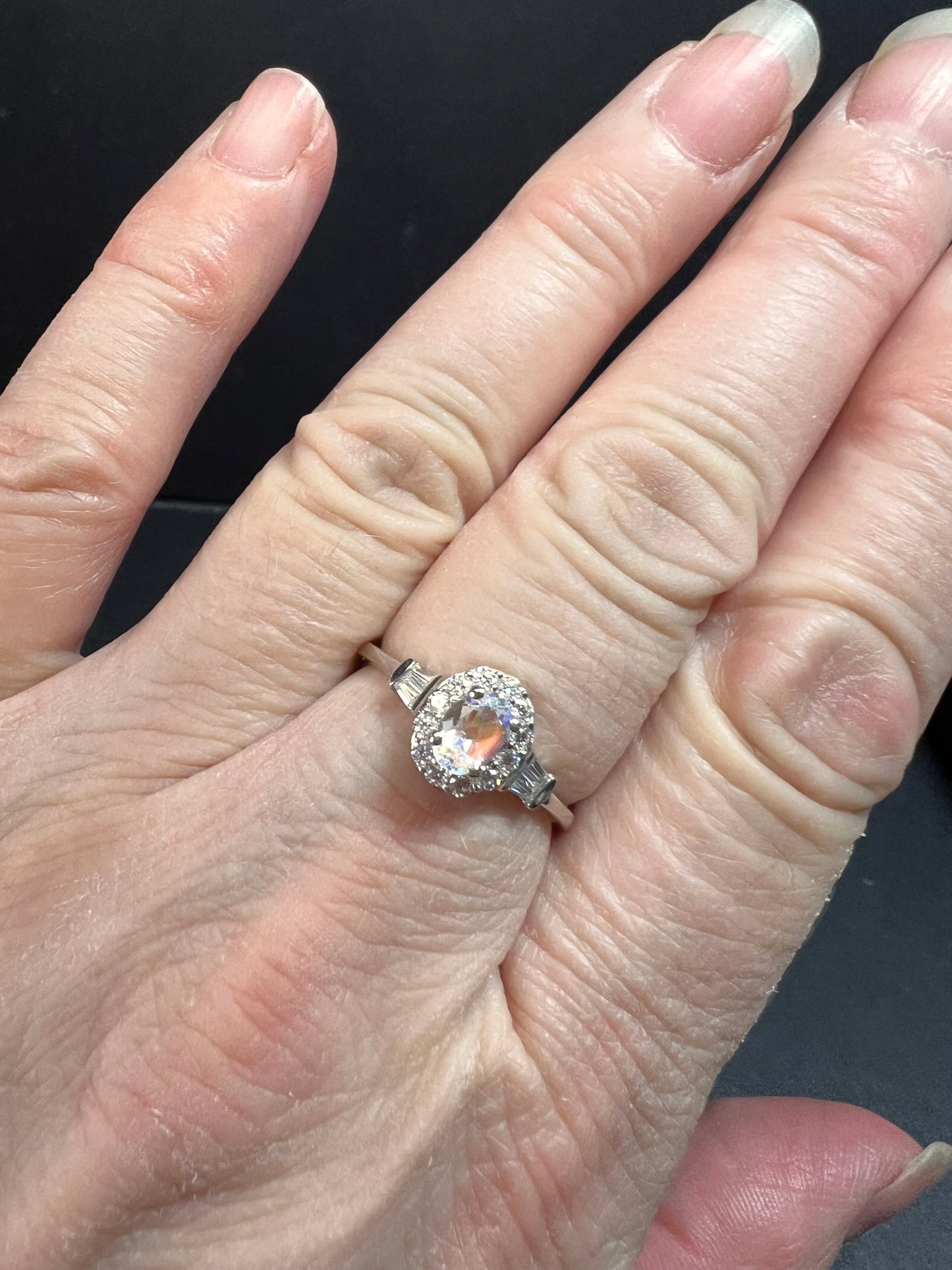 NEW gemmy moonstone and Moissanite sterling silver halo ring size 8