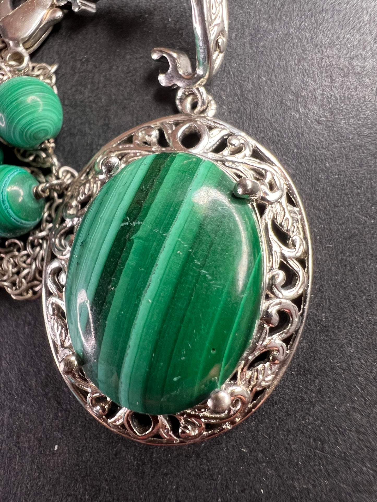 Karis African malachite 18 inch necklace in platinum bond