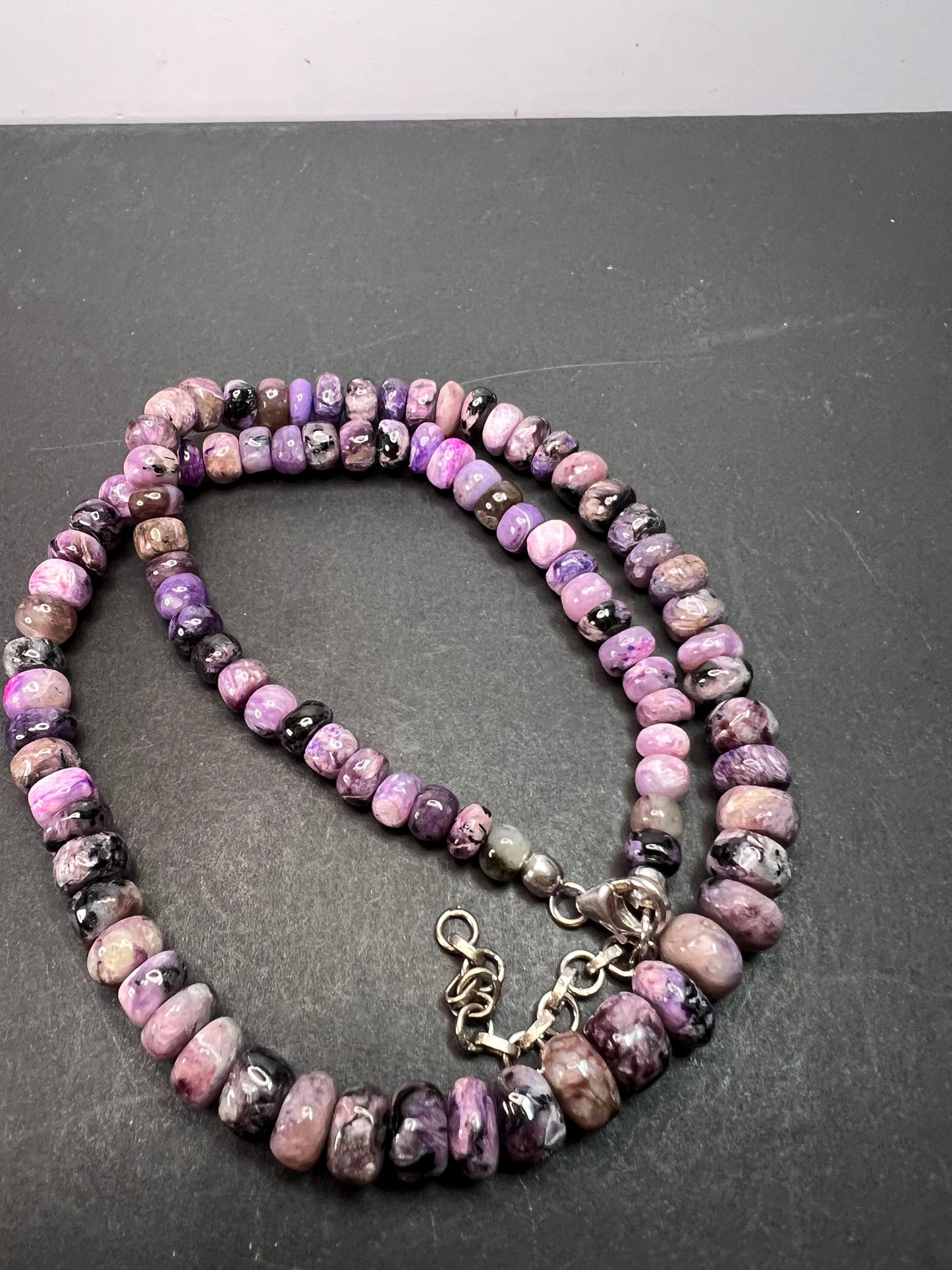 NEW Charoite rondelle beaded 18 inch necklace with 925 clasp