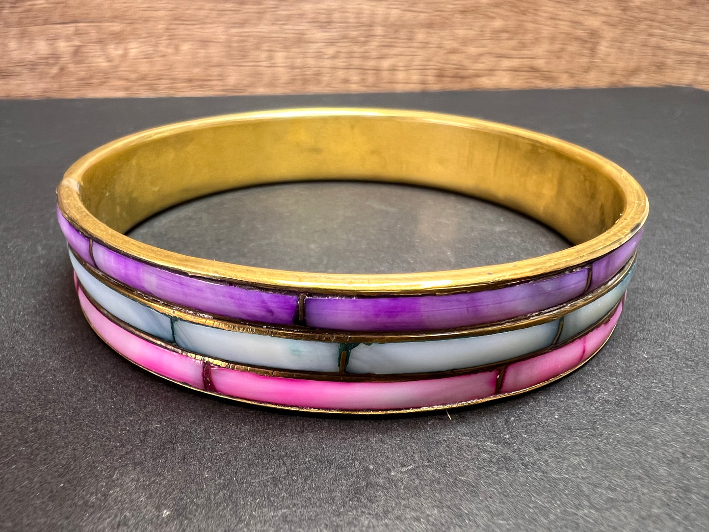 Vintage dyed mother of pearl and brass bangle