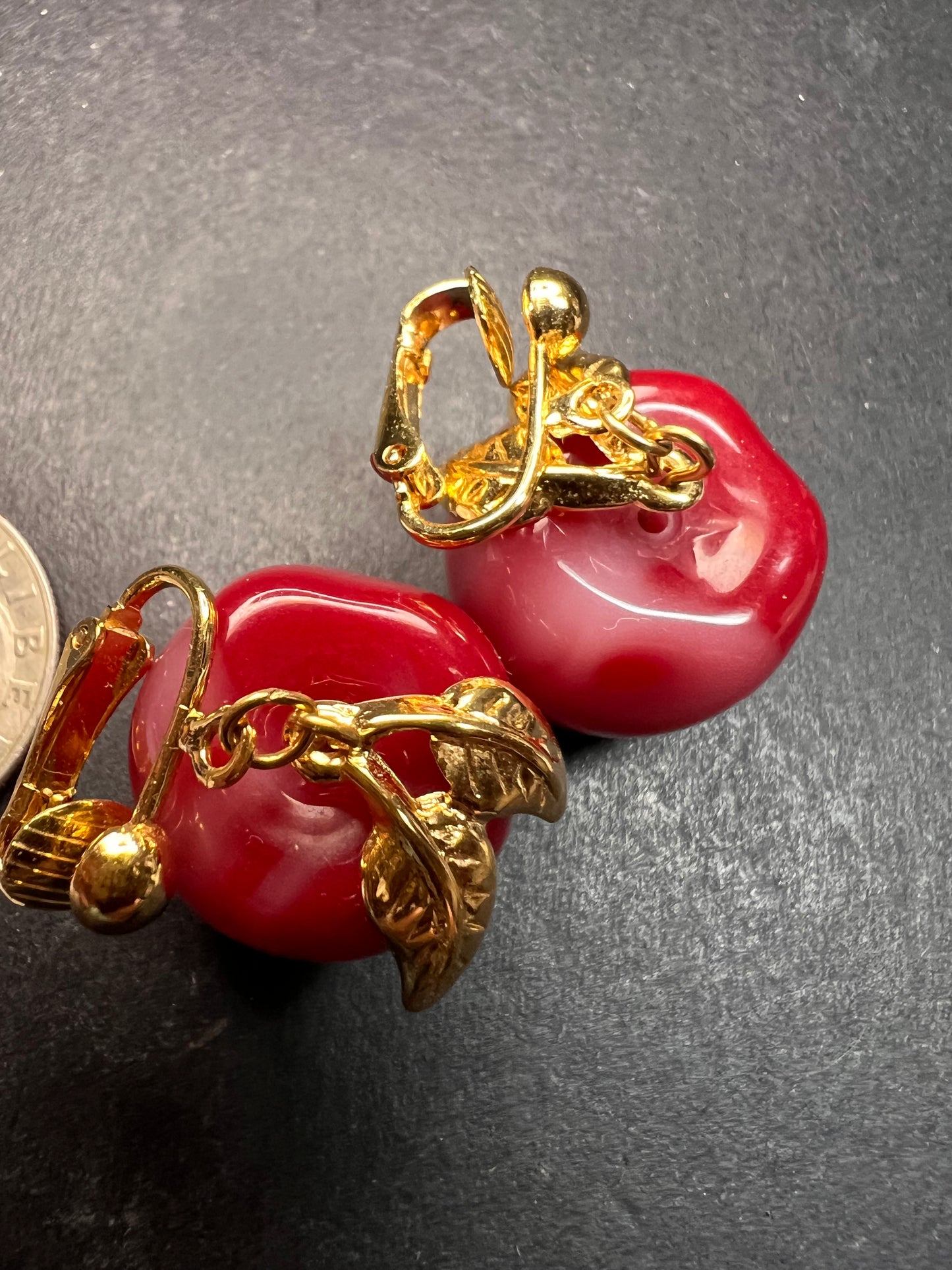 Avon "Apple A Day" Vintage Clip Earrings | Red Lucite Dangle Costume Jewelry