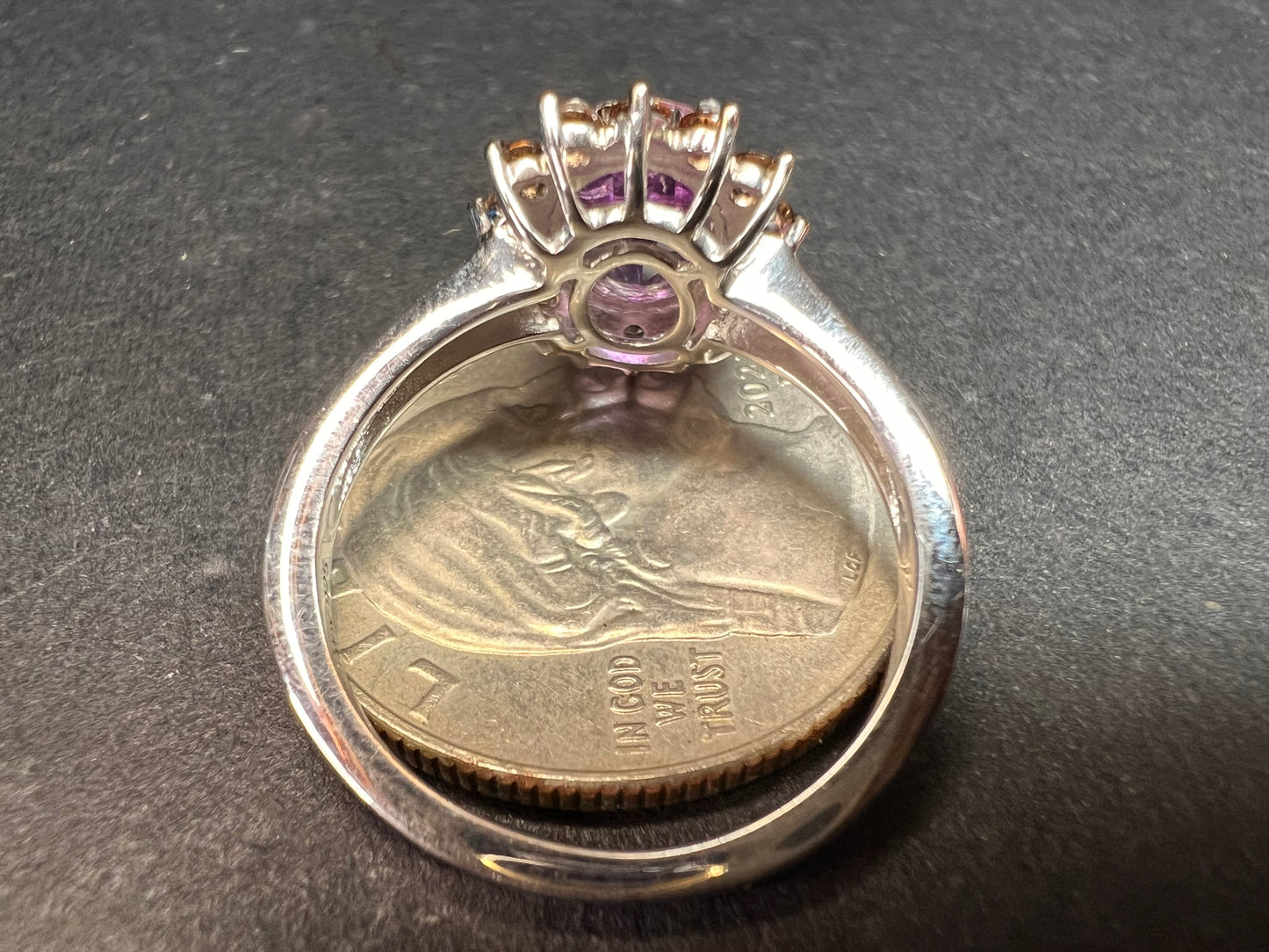 NEW Rose de France and brown zircon halo ring in platinum over sterling silver size 8