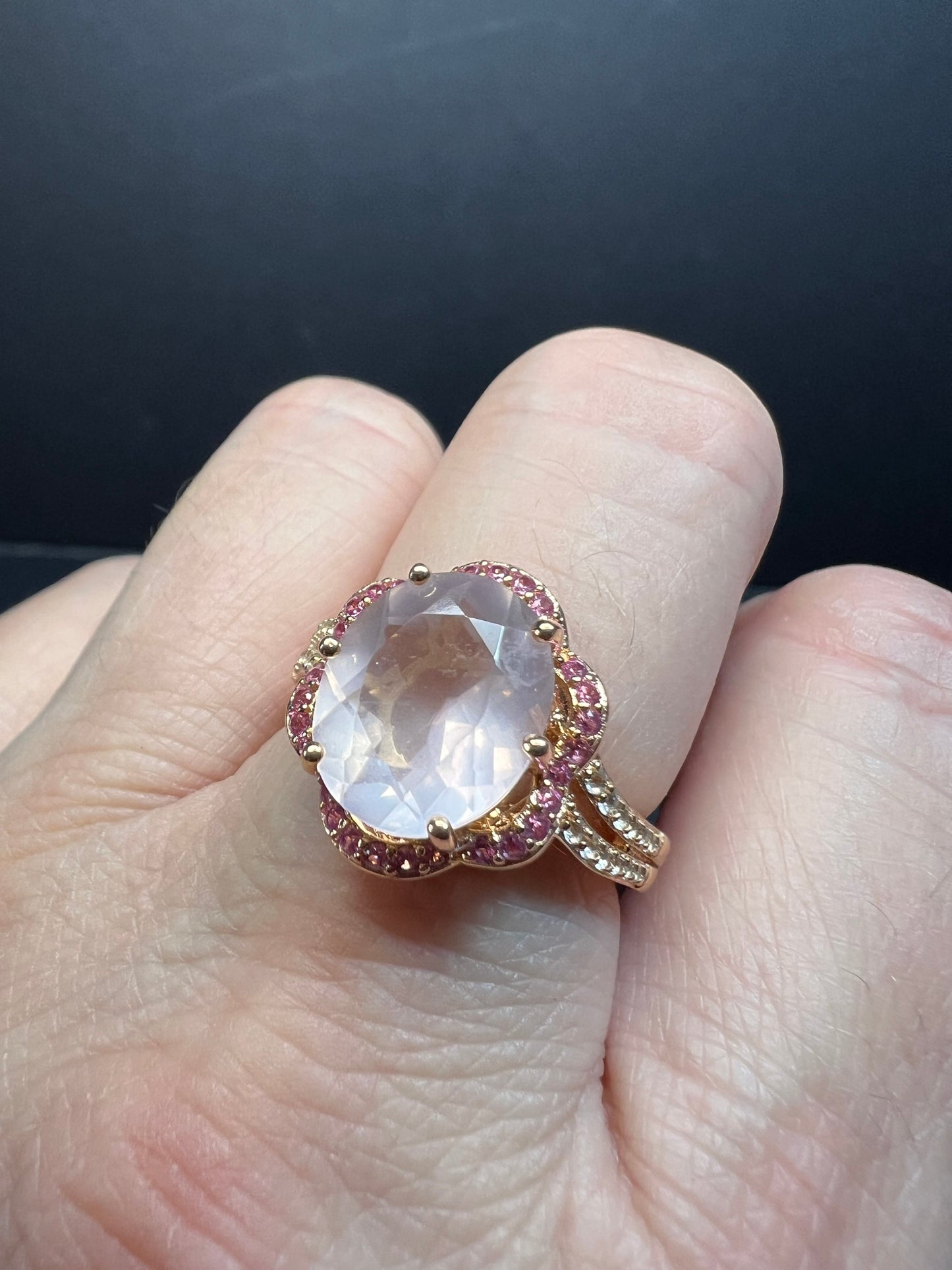 NEW Rose Quartz and lab pink sapphire rose gold over sterling silver ring size 8