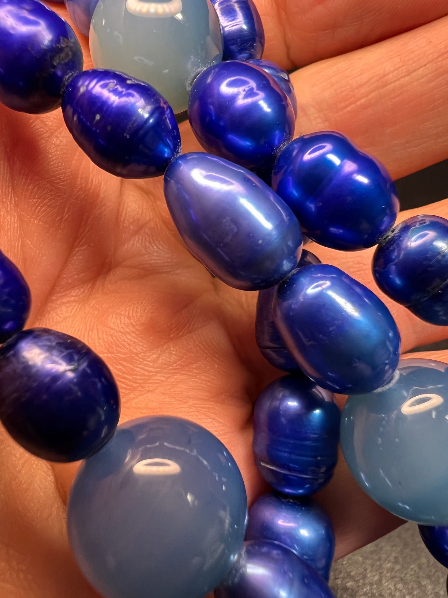 NEW blue freshwater pearls and agate 32 inch necklace with sterling silver clasp