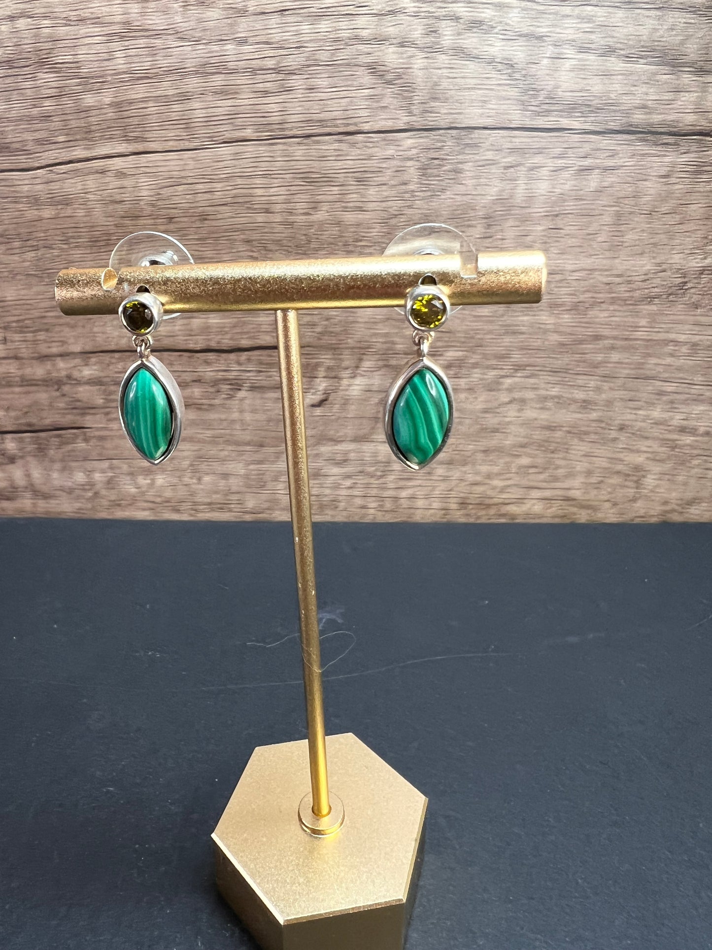 Malachite and olive CZ sterling silver marquise drop earrings