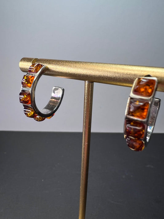 Sterling Silver composite amber hoop earrings