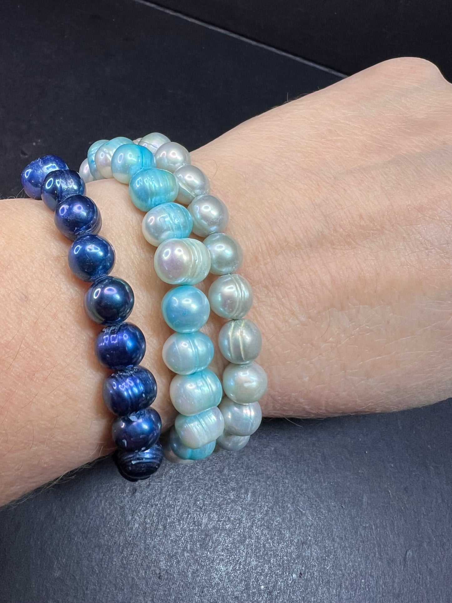Set of three freshwater pearl shades of blue stretch bracelets