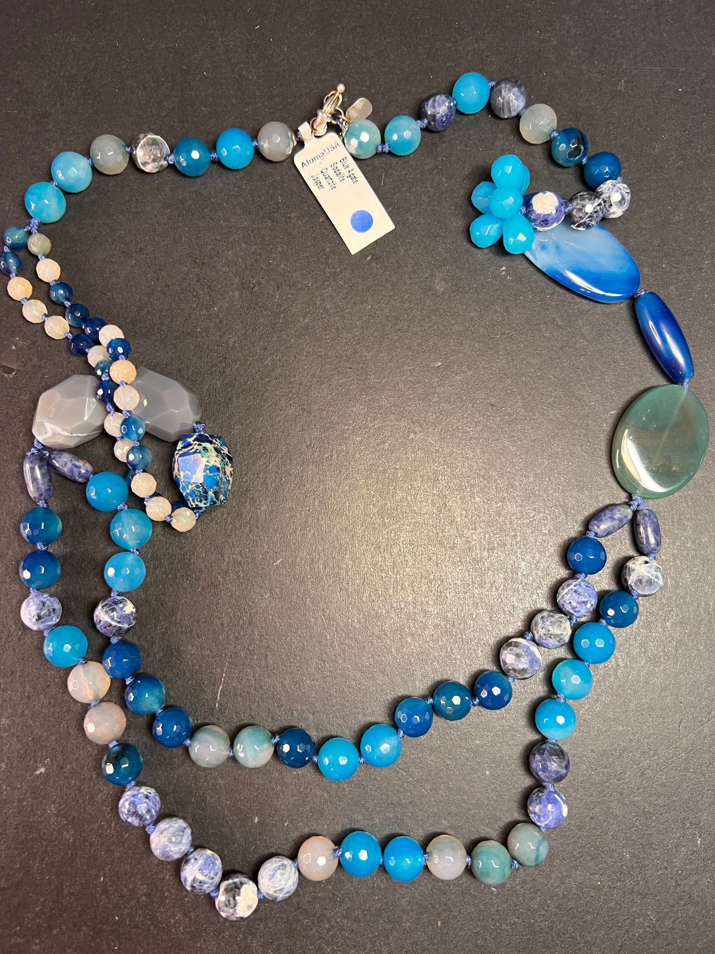 NEW multi blue semi precious stone station 36 inch necklace with sterling silver clasp