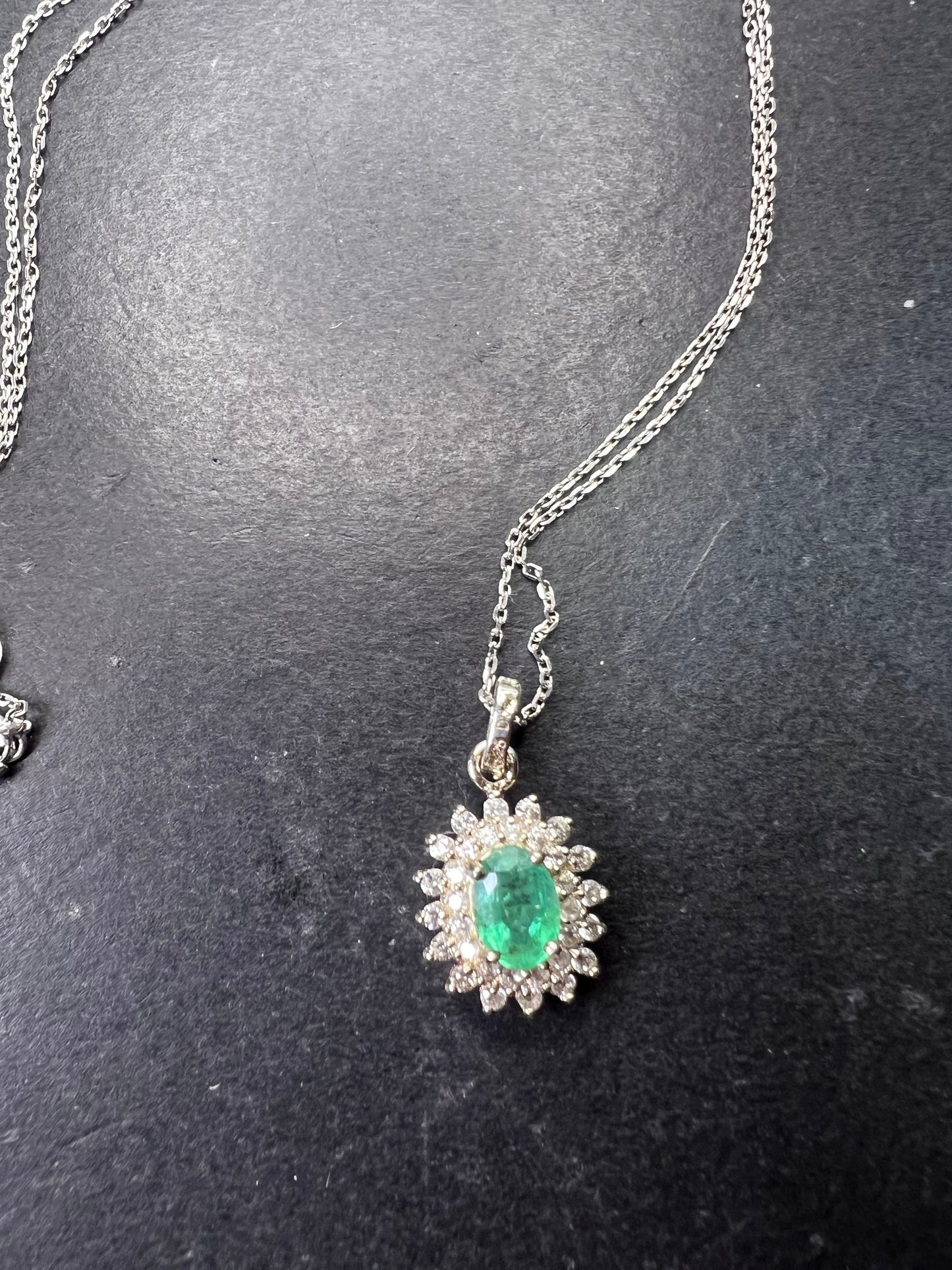 Zambian Emerald and White Zircon Sunburst Pendant Necklace 18 Inches in Platinum Over Sterling Silver 1.50 ctw