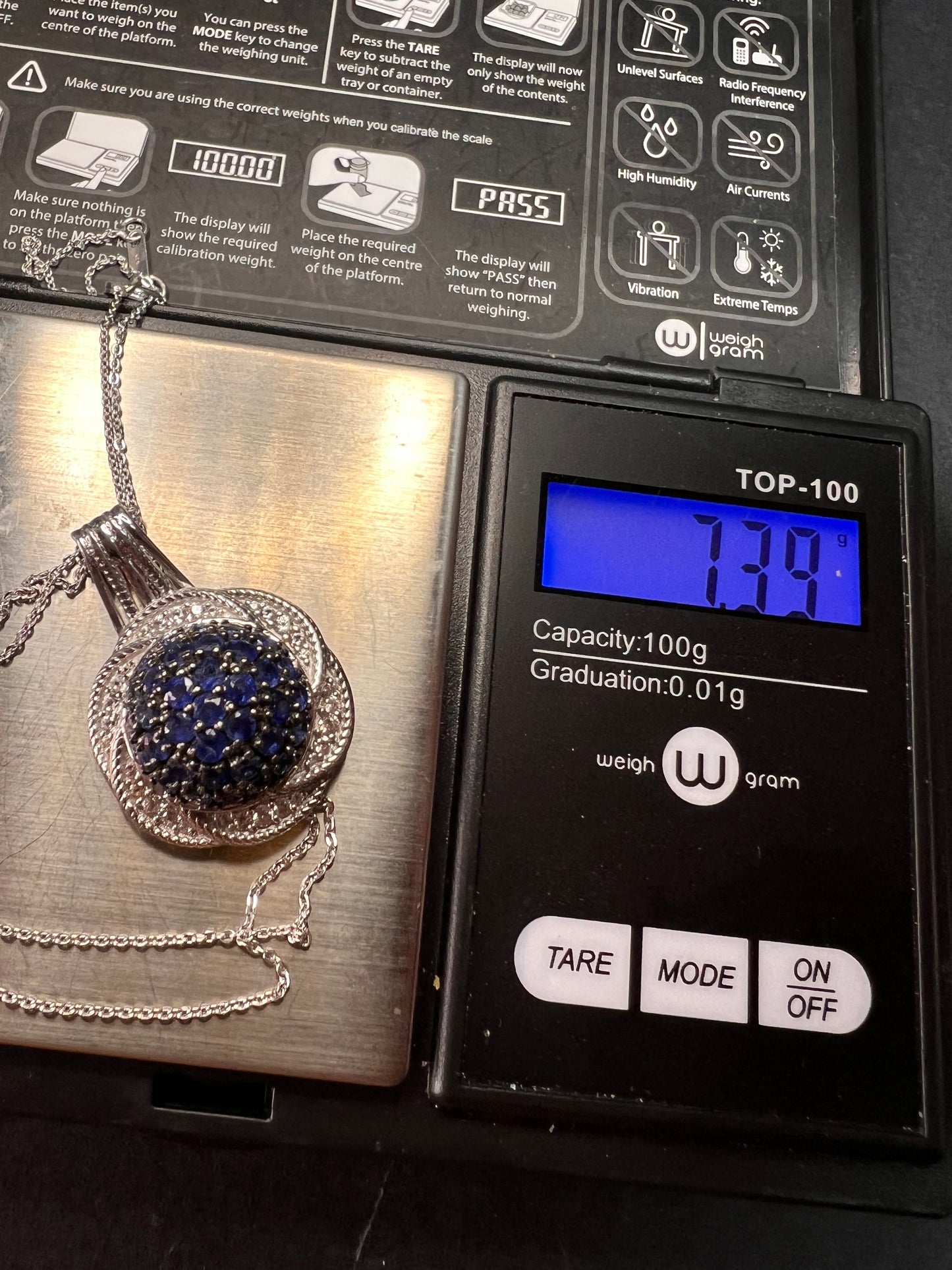 NEW blue sapphire and zircon galaxy halo pendant and chain in rhodium over sterling silver