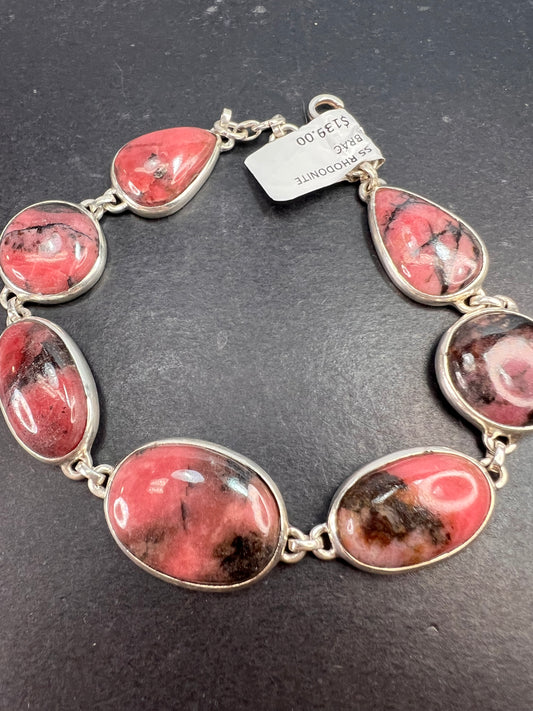 New Rhodonite free form sterling silver link bracelet 8-8.5 inch