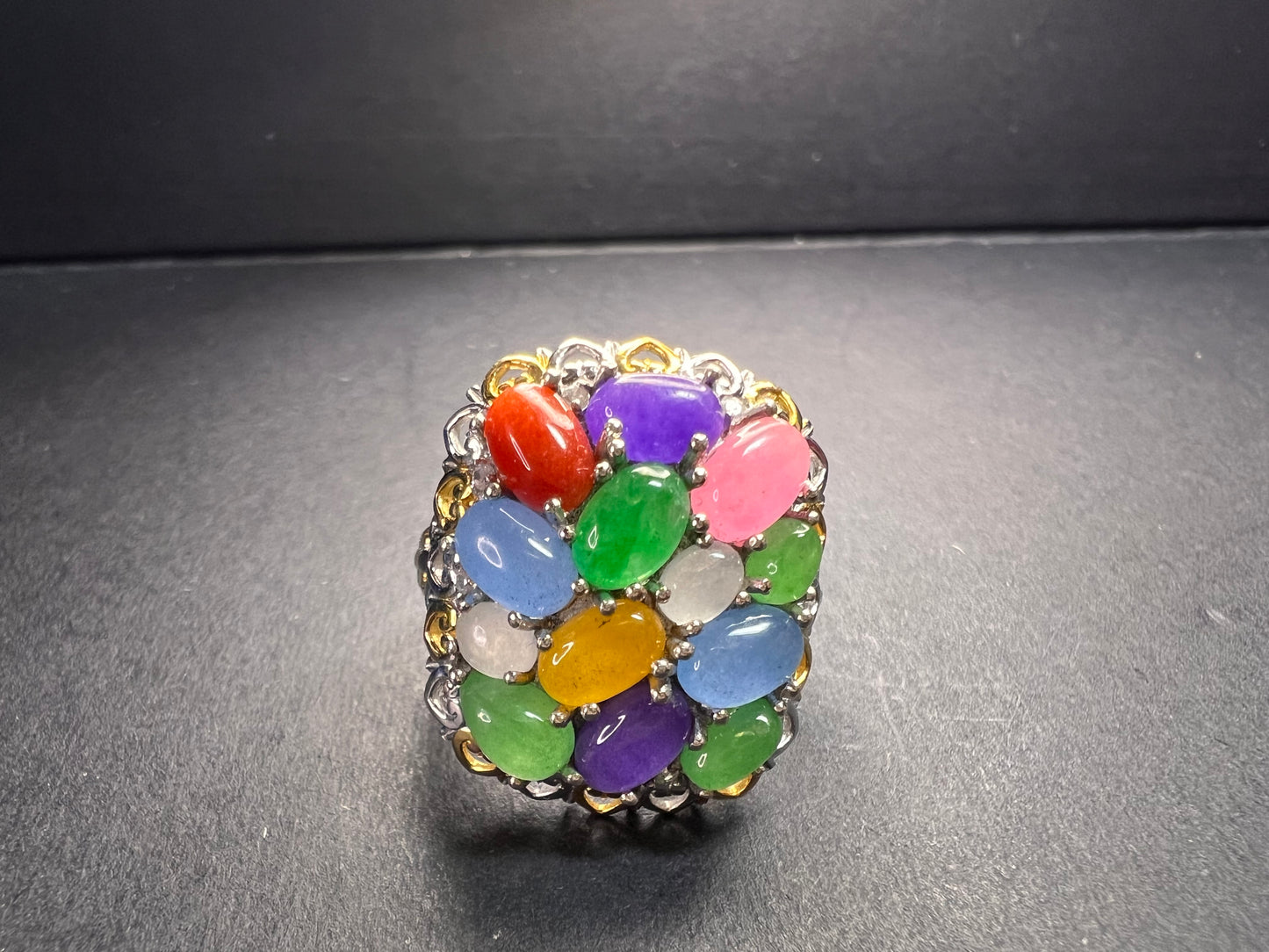 NEW rainbow harmony jade ring in vermeil and rhodium over sterling silver size 5