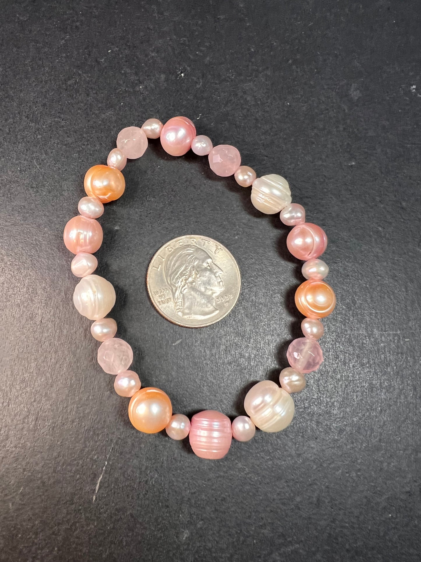 Freshwater pearl and rose quartz stretch bracelet