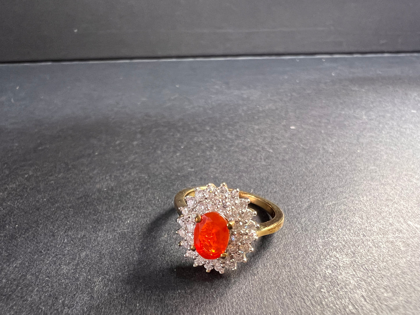 NEW Mexican Cherry fire opal and moissanite double halo ring in vermeil yellow gold over sterling silver size 5