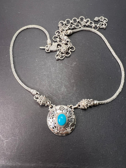 Sarda vintage turquoise Sterling silver Byzantine station 2 clasp adjustable necklace 16-25 inches