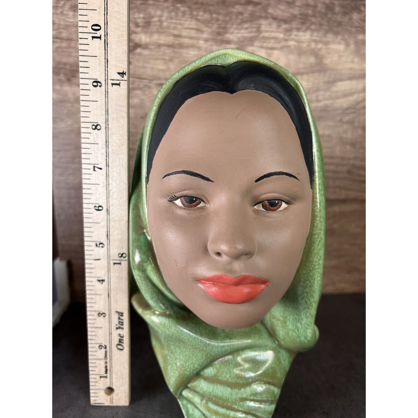 Vintage Female Head Bust Hand Painted Chalk Ware Green Head Scarf Ceramic
