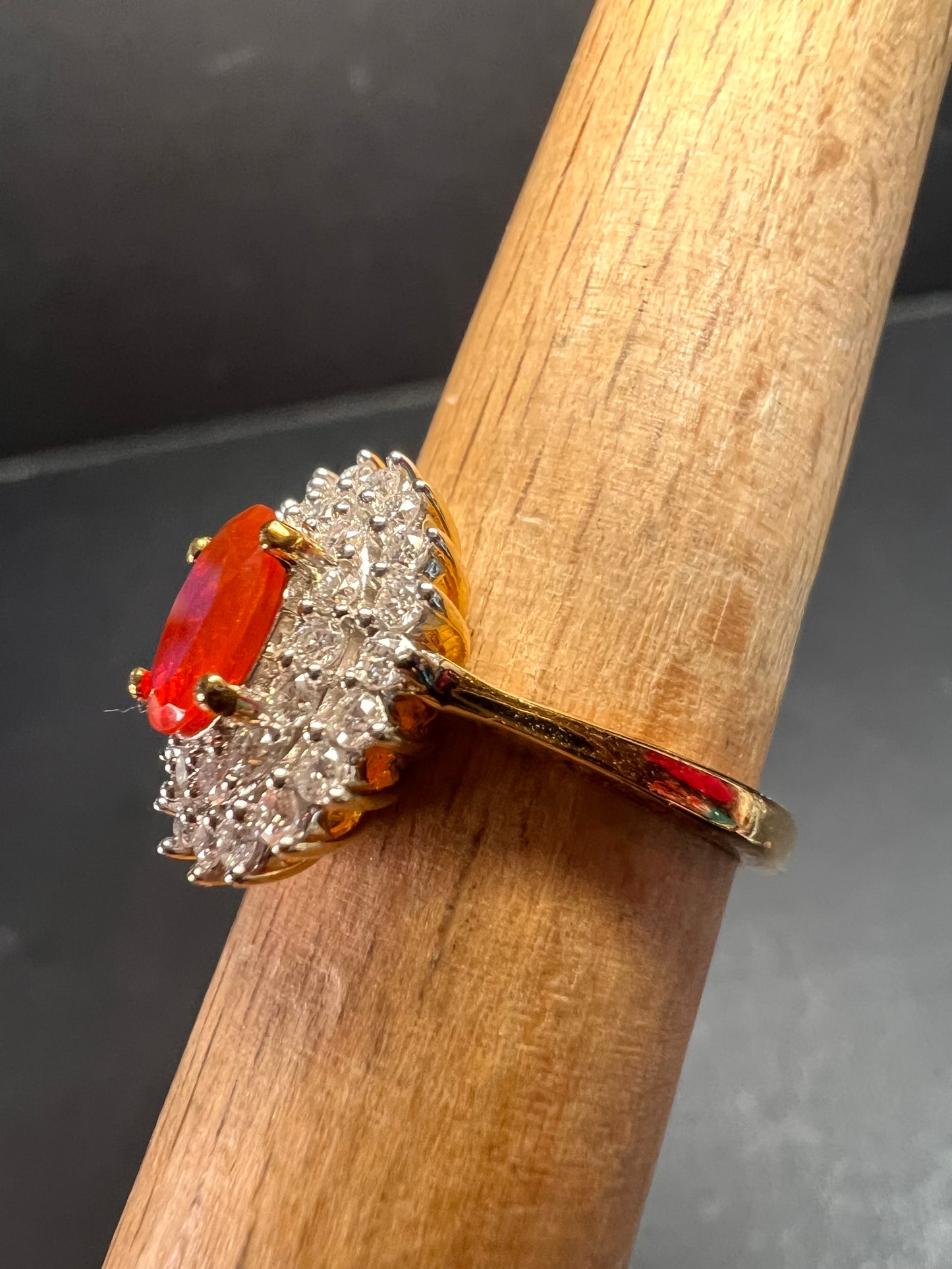 NEW Mexican Cherry fire opal and moissanite double halo ring in vermeil yellow gold over sterling silver size 5