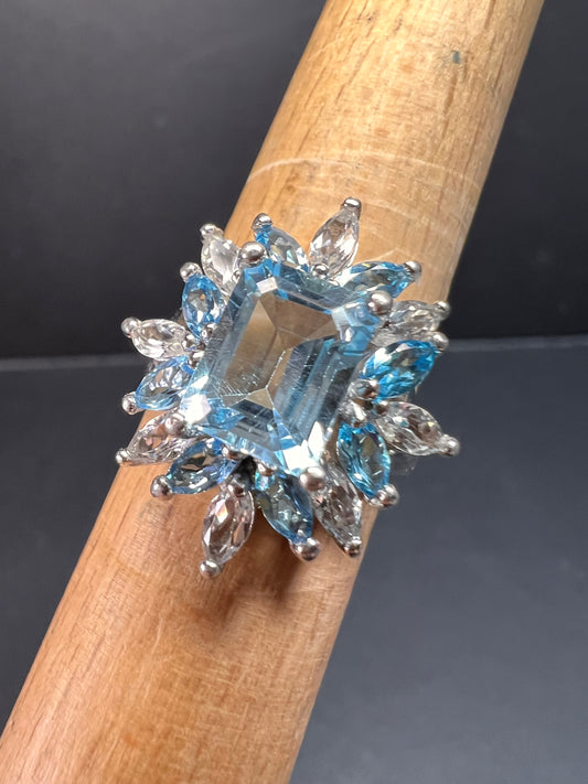 Vintage Sky blue and white topaz sterling silver ring size 8