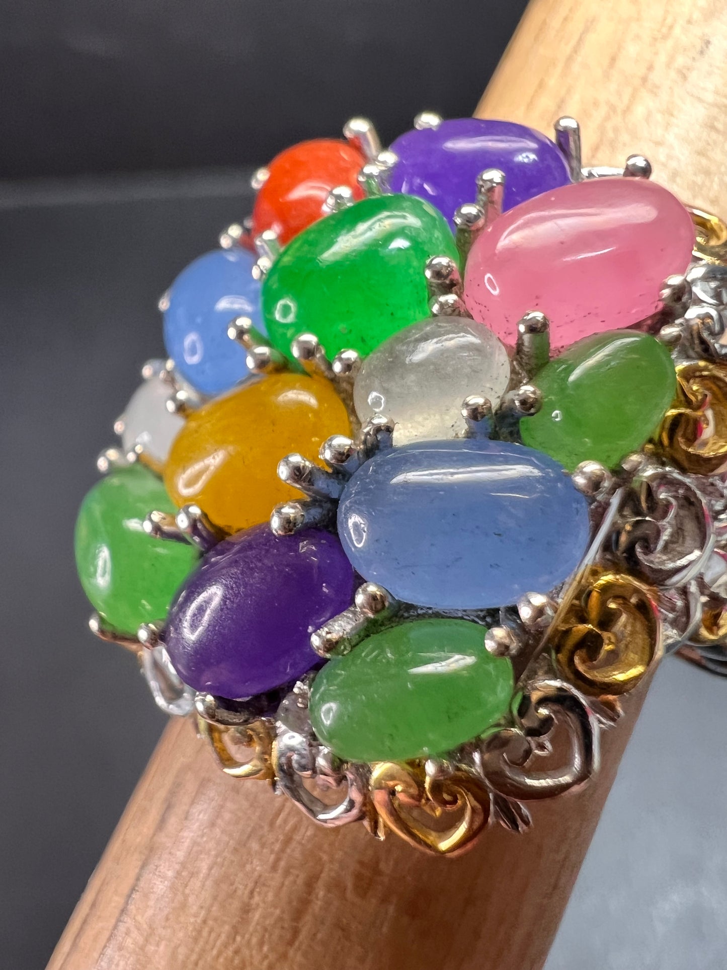 NEW rainbow harmony jade ring in vermeil and rhodium over sterling silver size 5