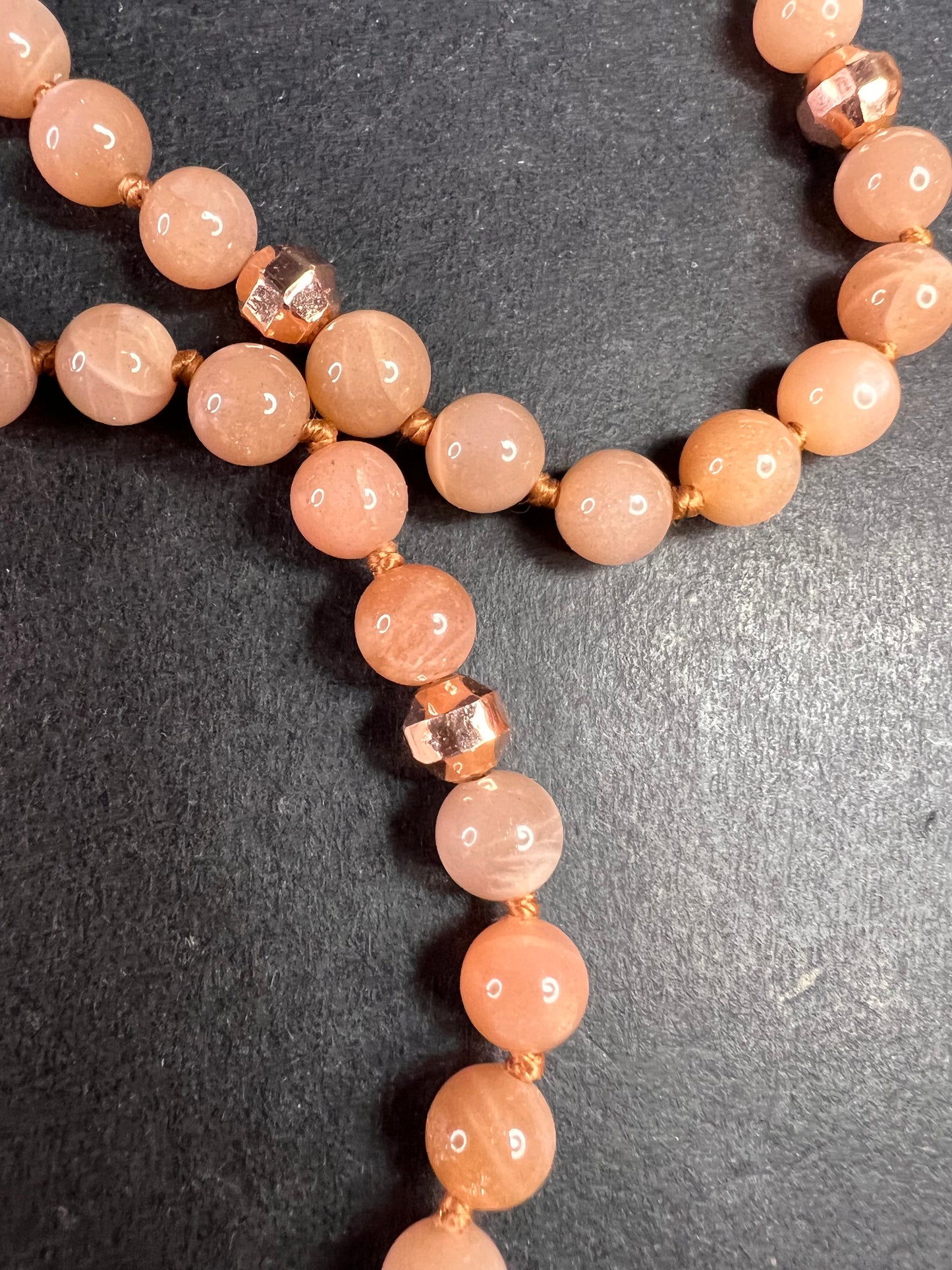 NEW Peach moonstone 30 inch knotted necklace with rose gold over bronze
