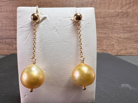 14k yellow gold South Seas Pearl dangle earrings
