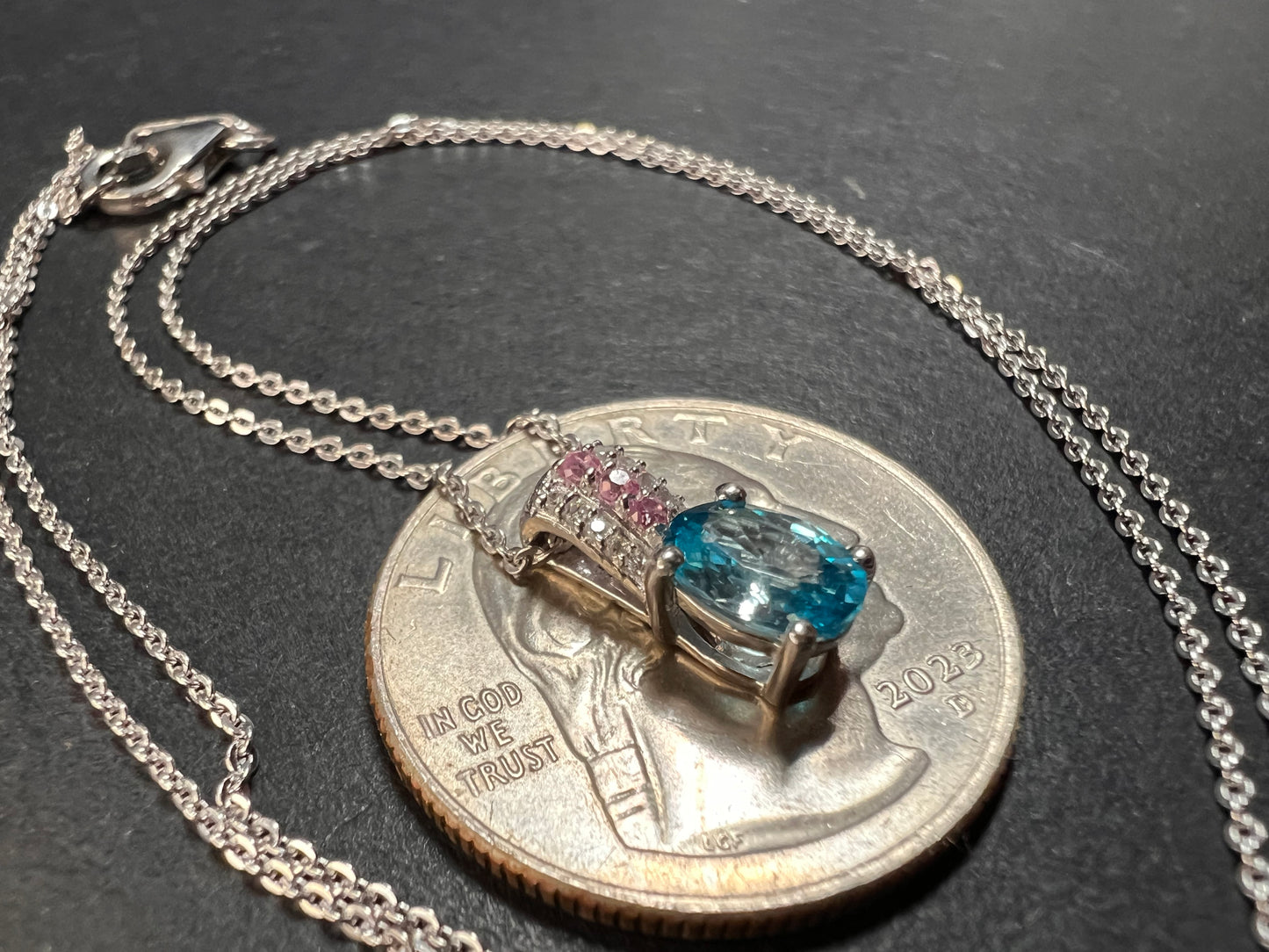 NEW Blue zircon and pink sapphire sterling silver pendant and chain