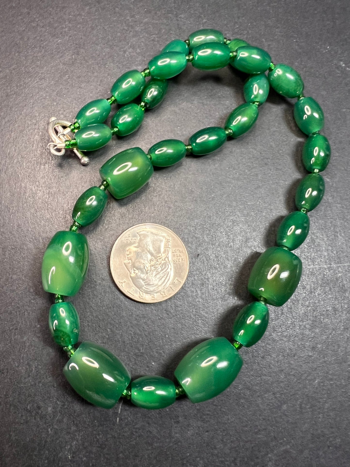 Green onyx beaded necklace with sterling silver toggle clasp