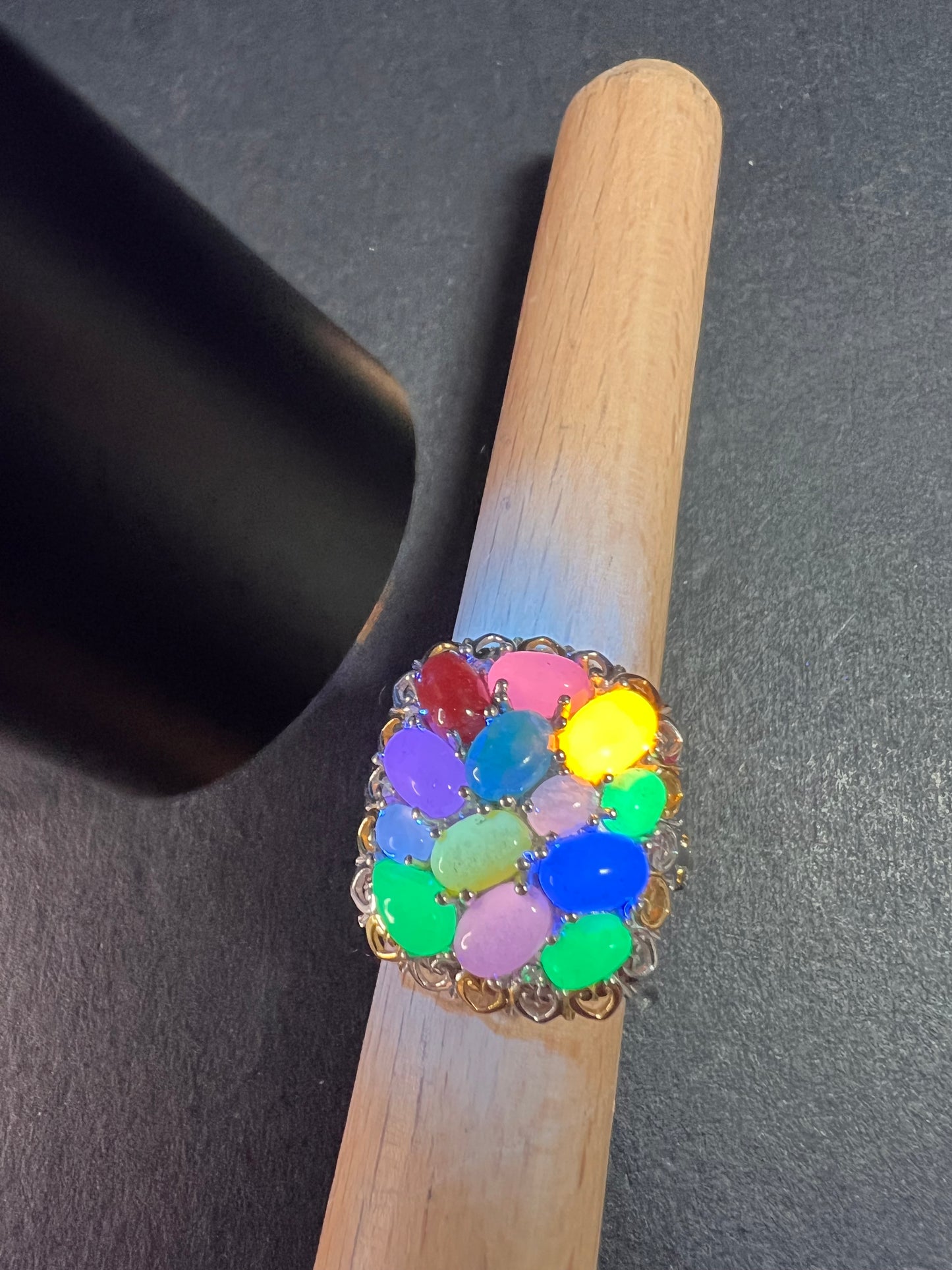 NEW rainbow harmony jade ring in vermeil and rhodium over sterling silver size 5