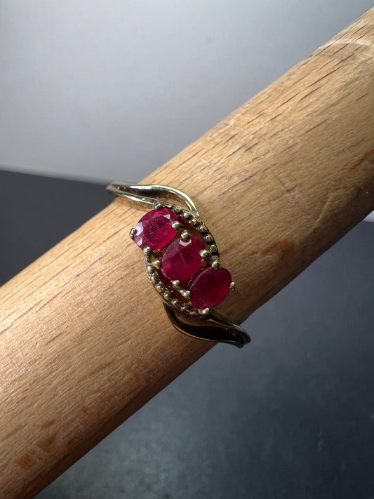 Vintage three stone ruby ring in gold over sterling silver size 9