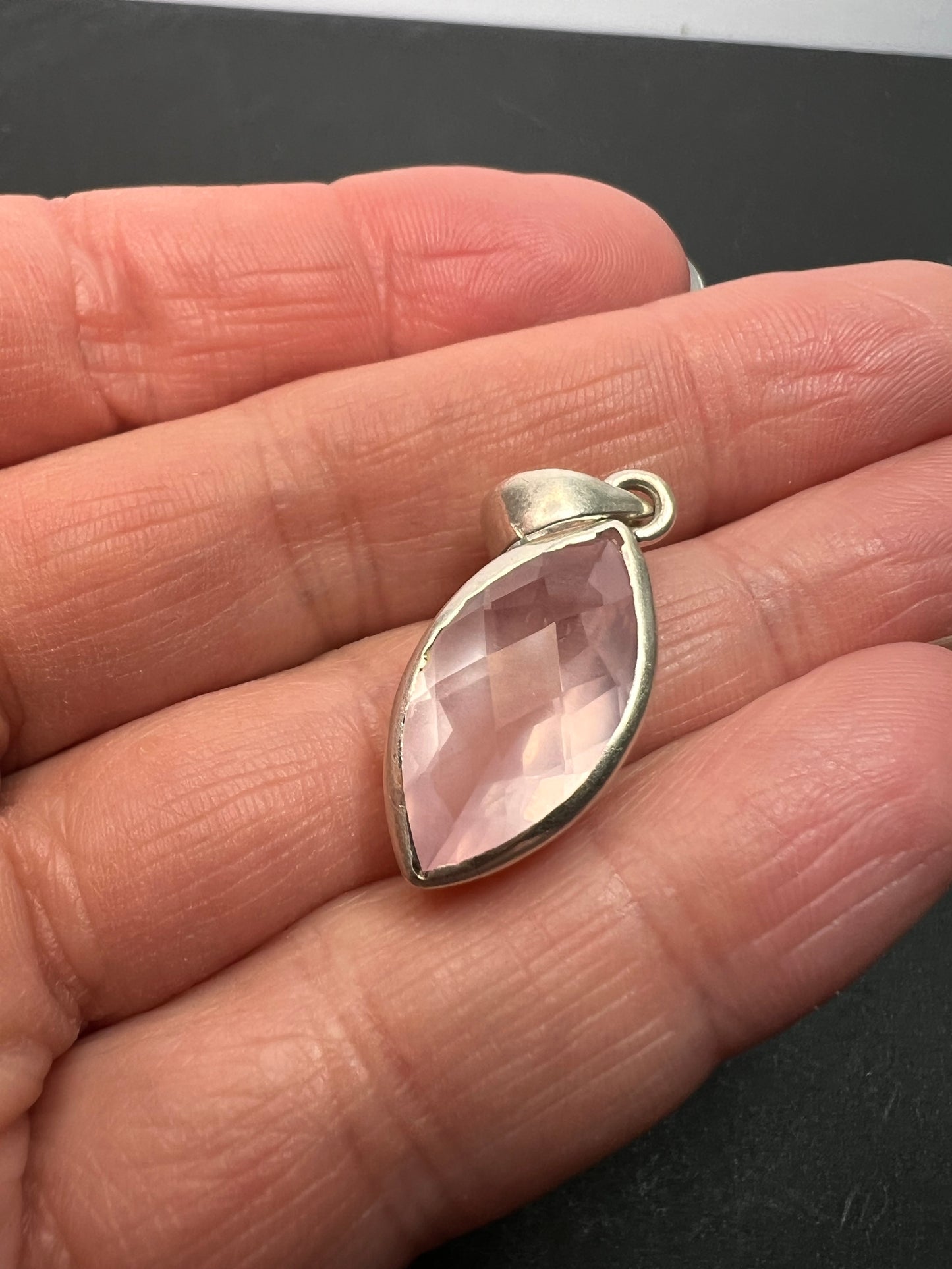 NEW Rose Quartz gemstone marquise cut sterling silver pendant 3.94 grams
