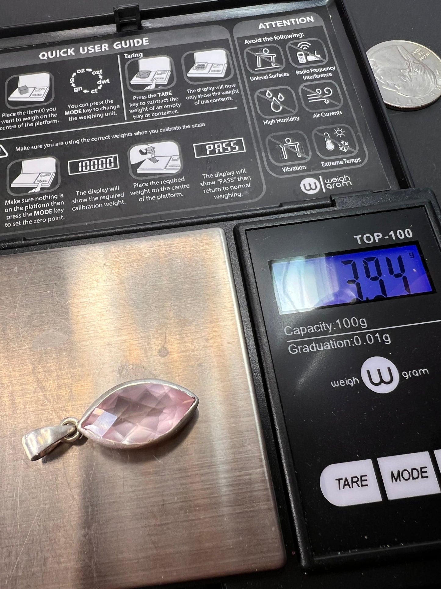 NEW Rose Quartz gemstone marquise cut sterling silver pendant 3.94 grams