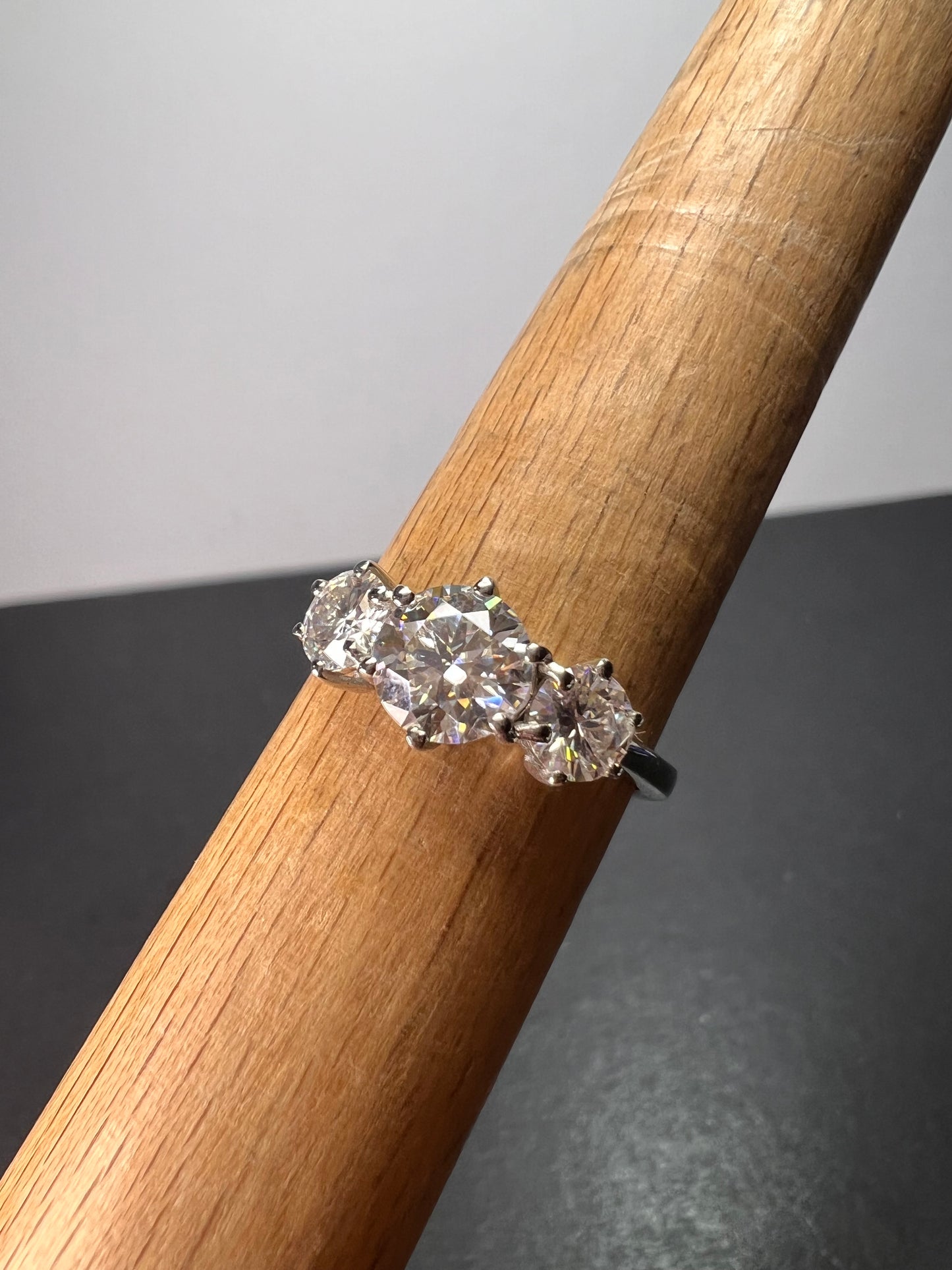 Moissanite trilogy ring in platinum over sterling silver size 9 *NEW*