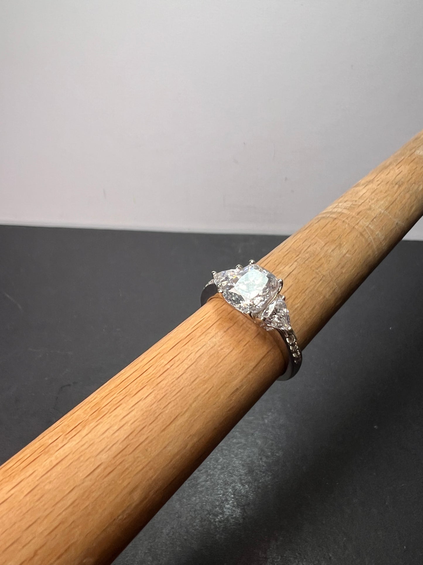 White cushion cut cubic zirconia platinum over sterling silver ring size 9