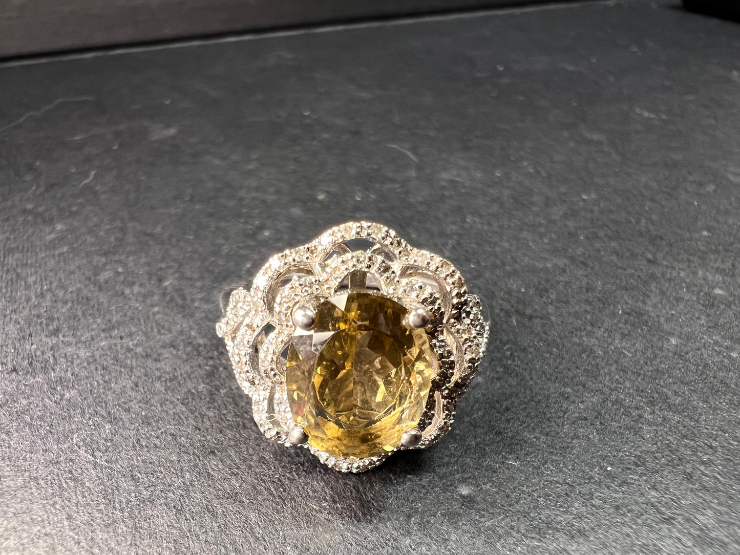 Citrine & Diamond Sterling Silver Scalloped Halo Ring Size 9