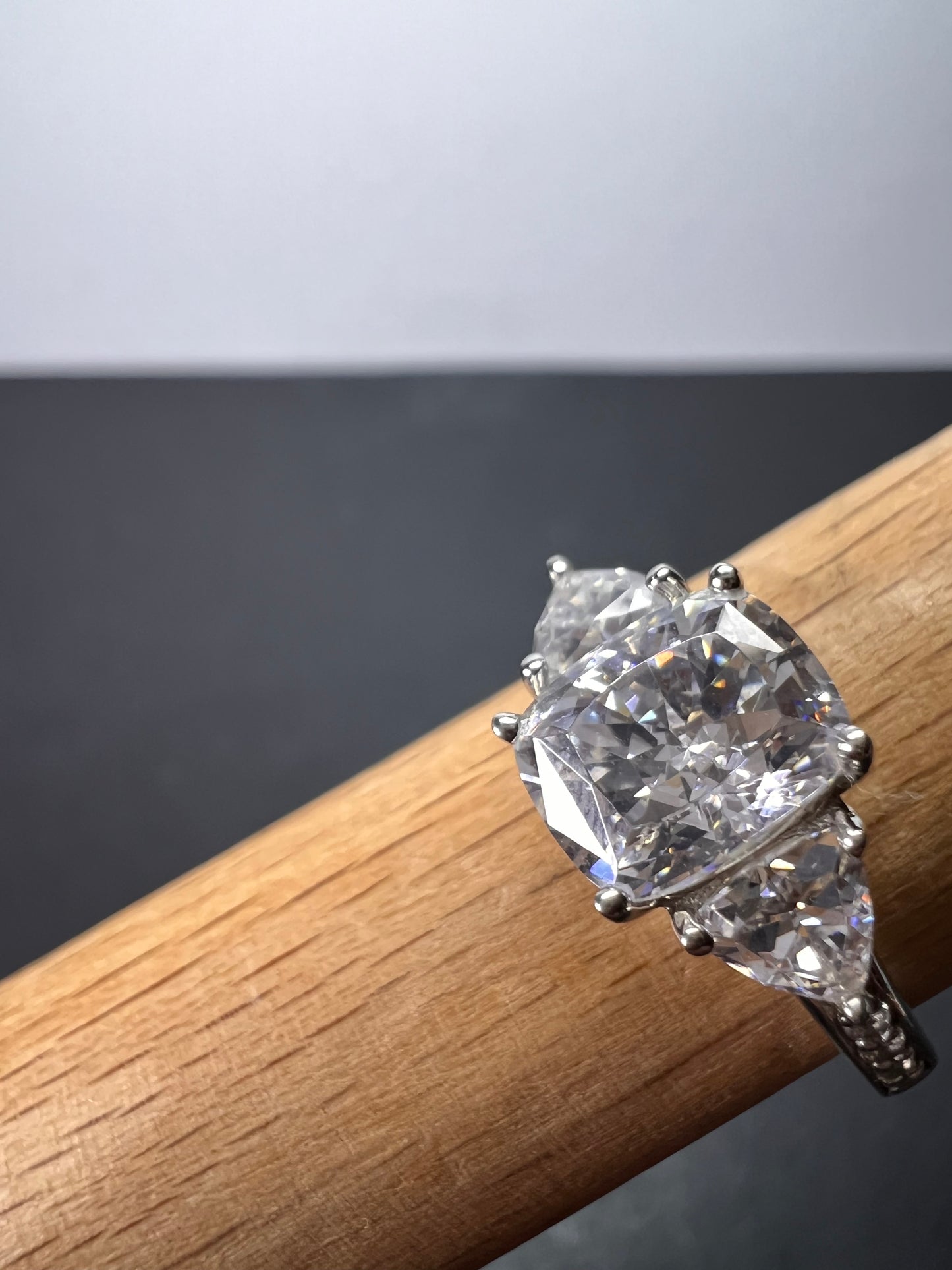 White cushion cut cubic zirconia platinum over sterling silver ring size 9