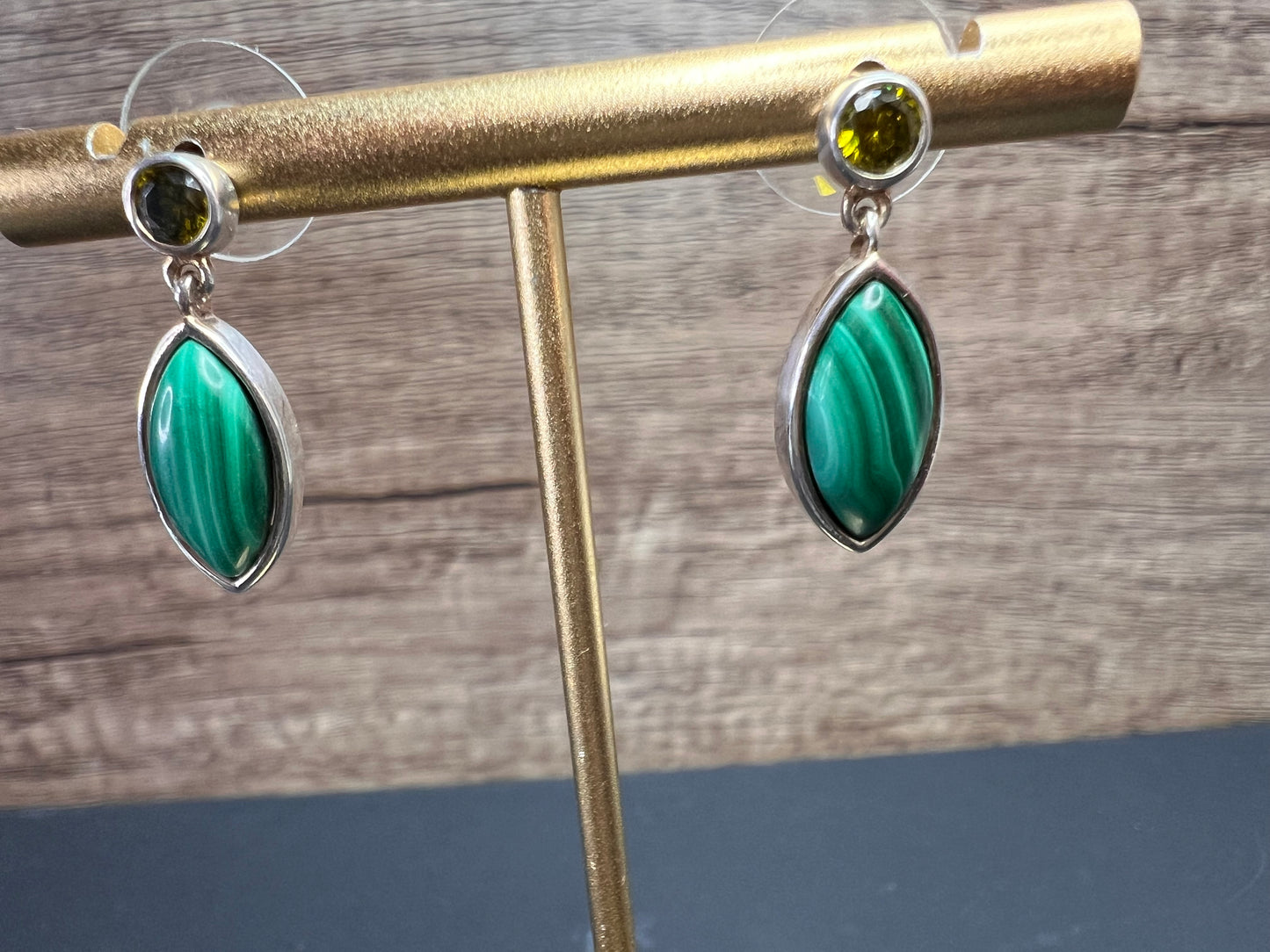 Malachite and olive CZ sterling silver marquise drop earrings