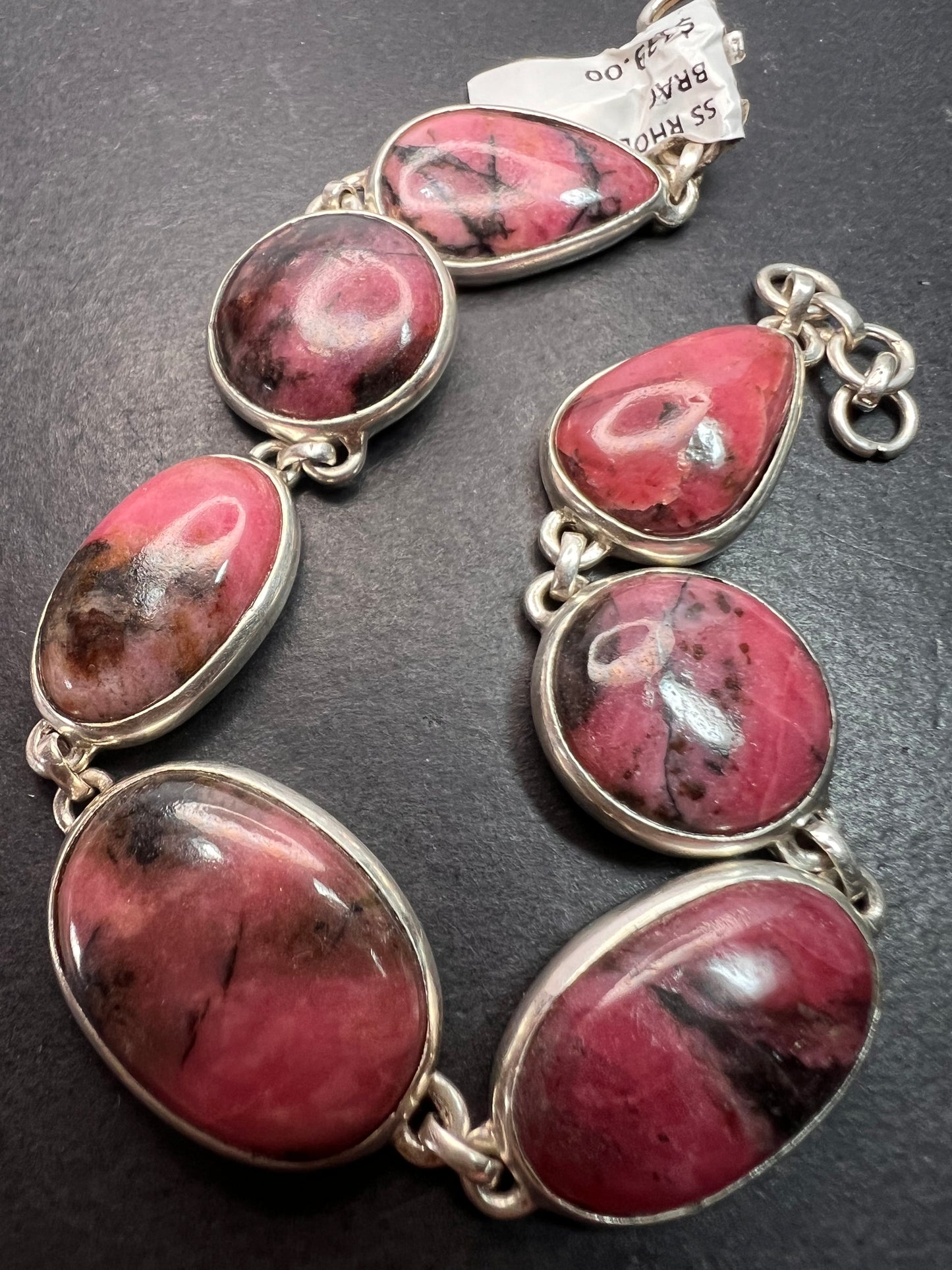 New Rhodonite free form sterling silver link bracelet 8-8.5 inch