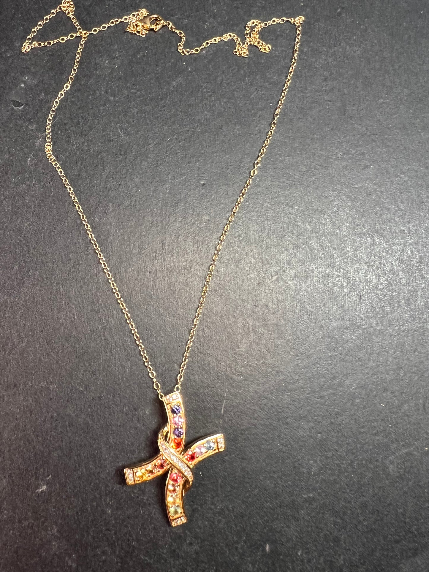 NEW Rainbow sapphire curved cross pendant and chain in gold vermeil over sterling silver