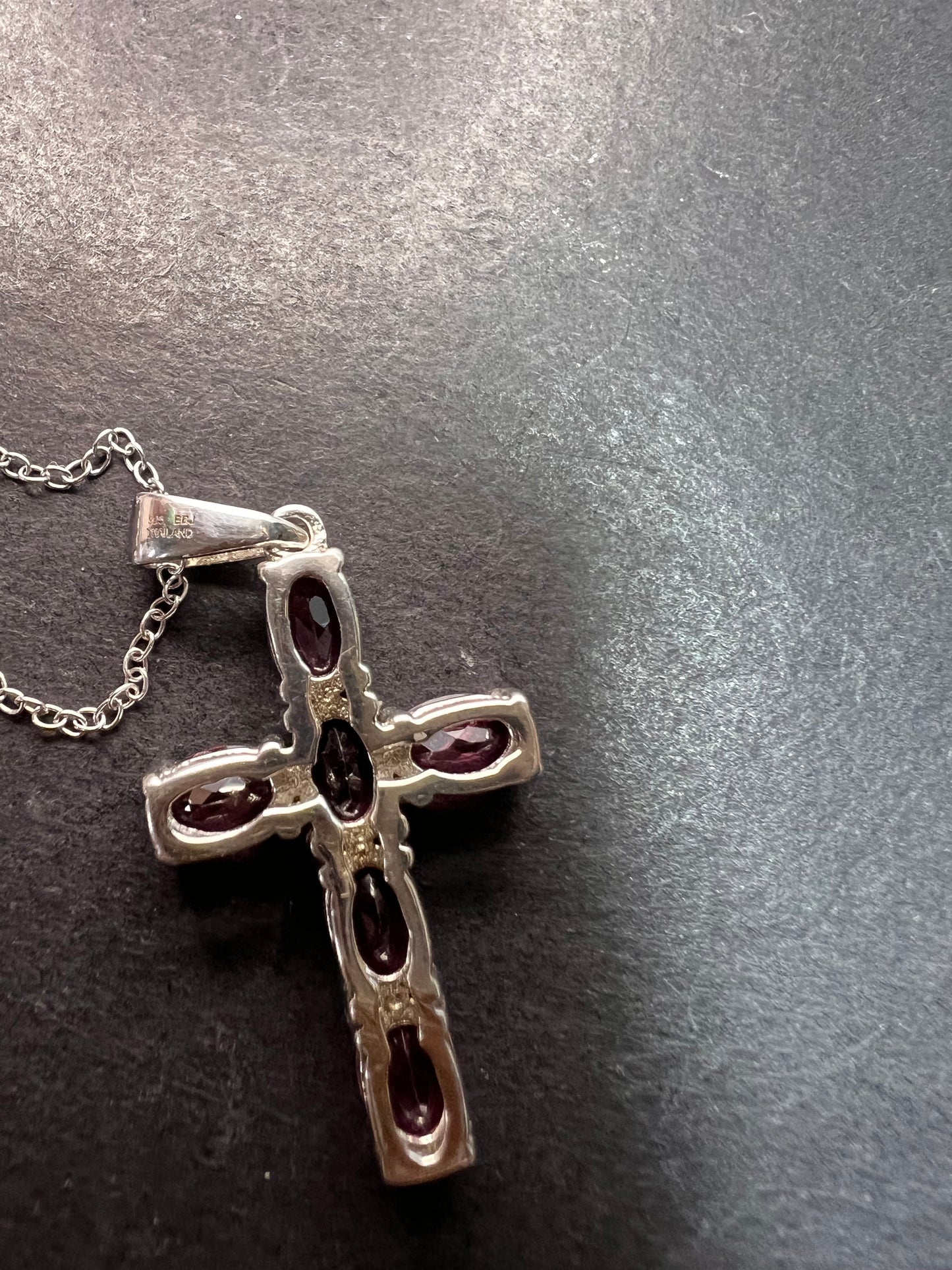 Raspberry rhodolite garnet cross pendant and chain necklace in sterling silver