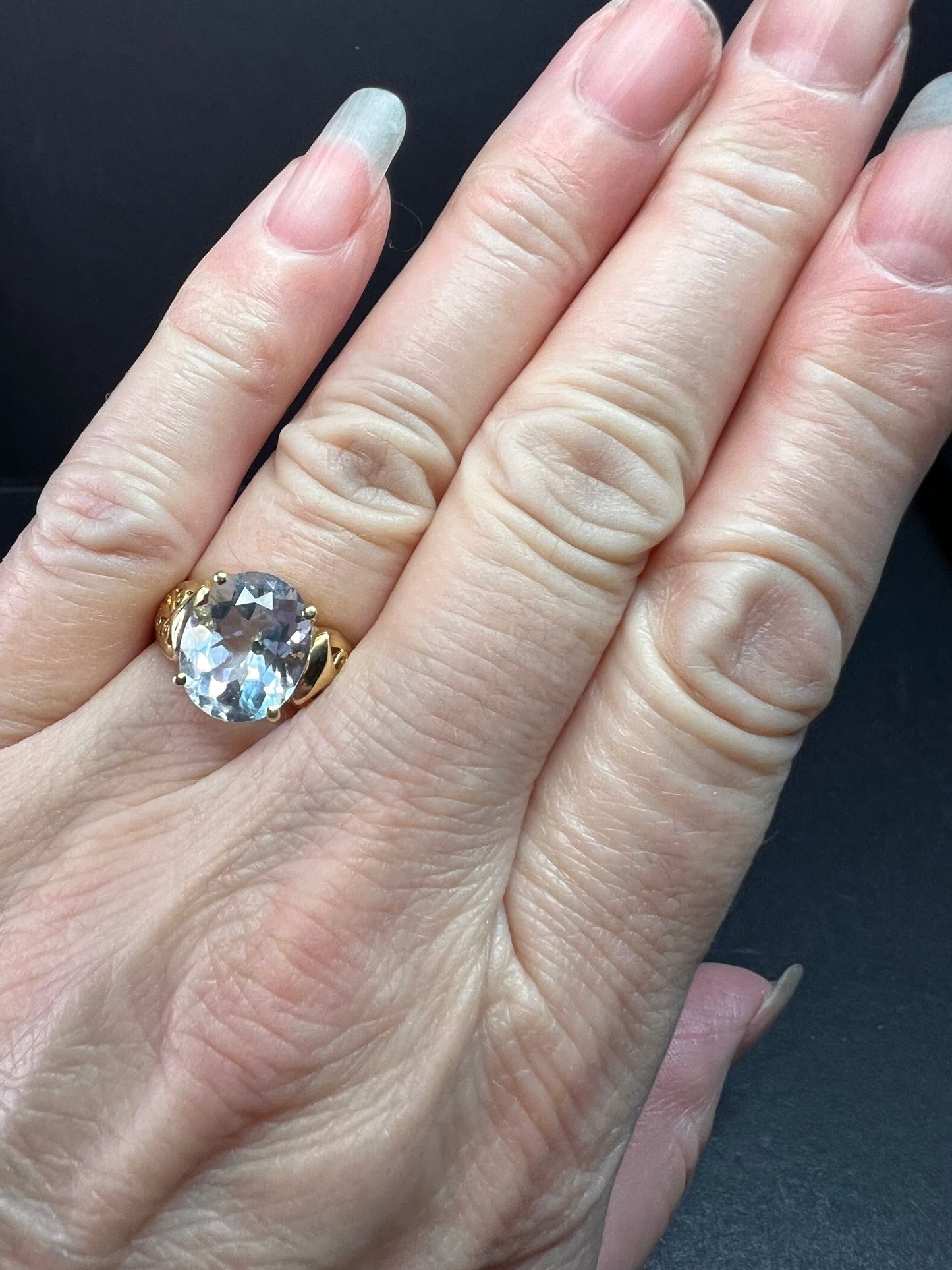 Vintage 14K Gold Aquamarine Solitaire Ring Filigree Statement Size 7