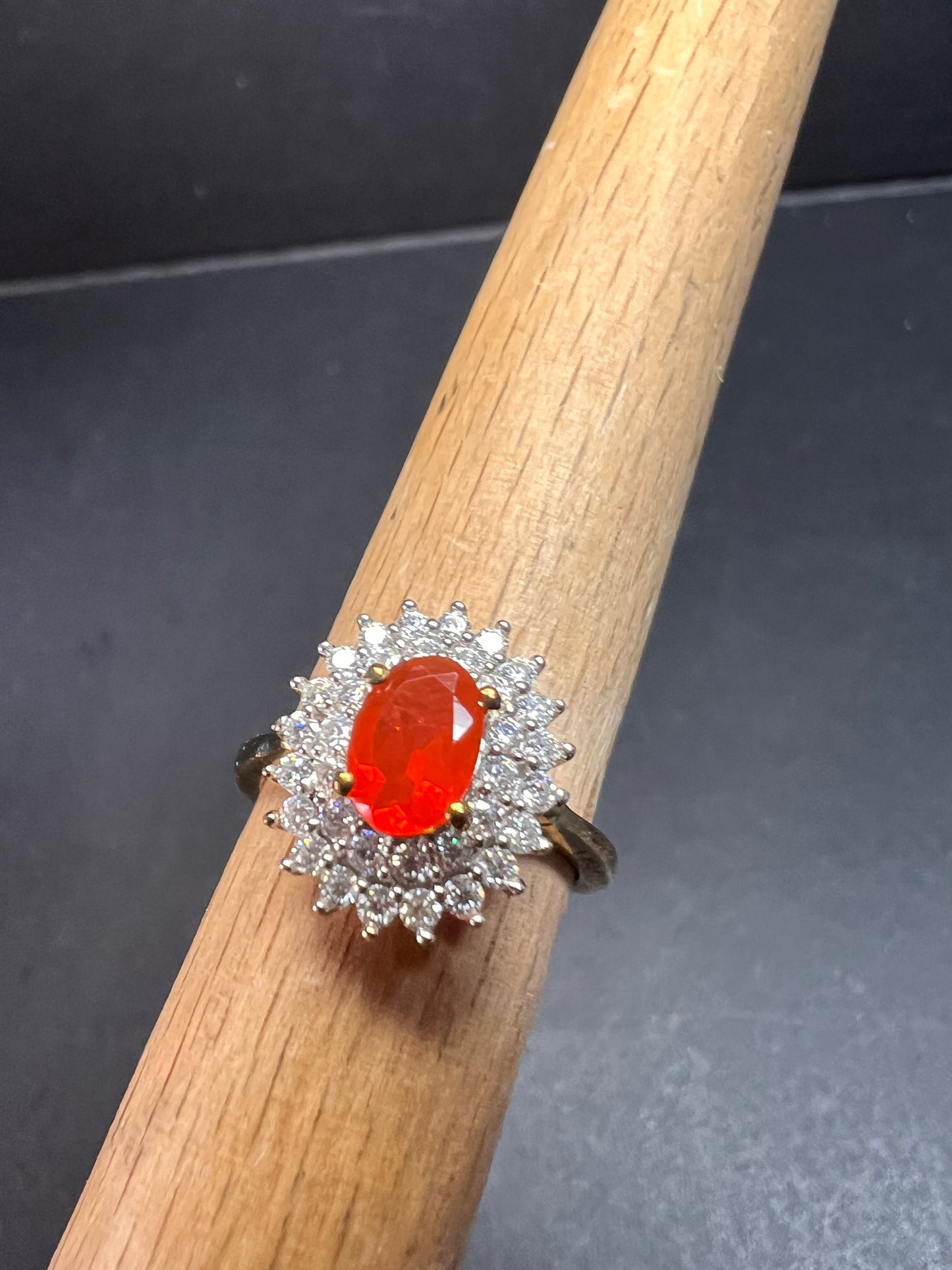 NEW Mexican Cherry fire opal and moissanite double halo ring in vermeil yellow gold over sterling silver size 5